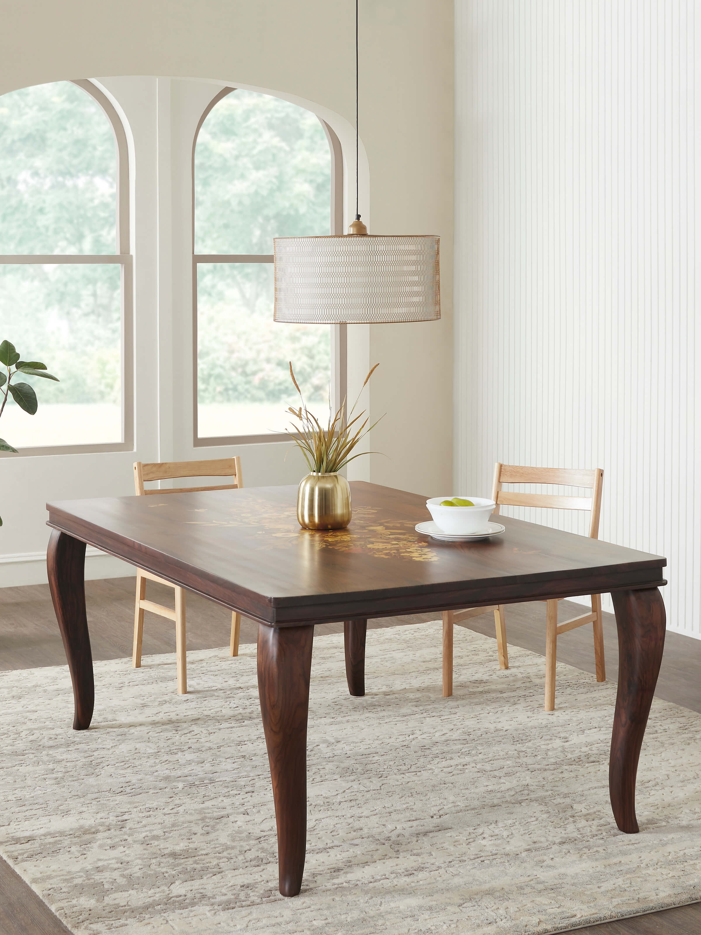 Side view of Rosewood Inlay 6-seater Dining Table focusing on the elegant design and durable wood craftsmanship.