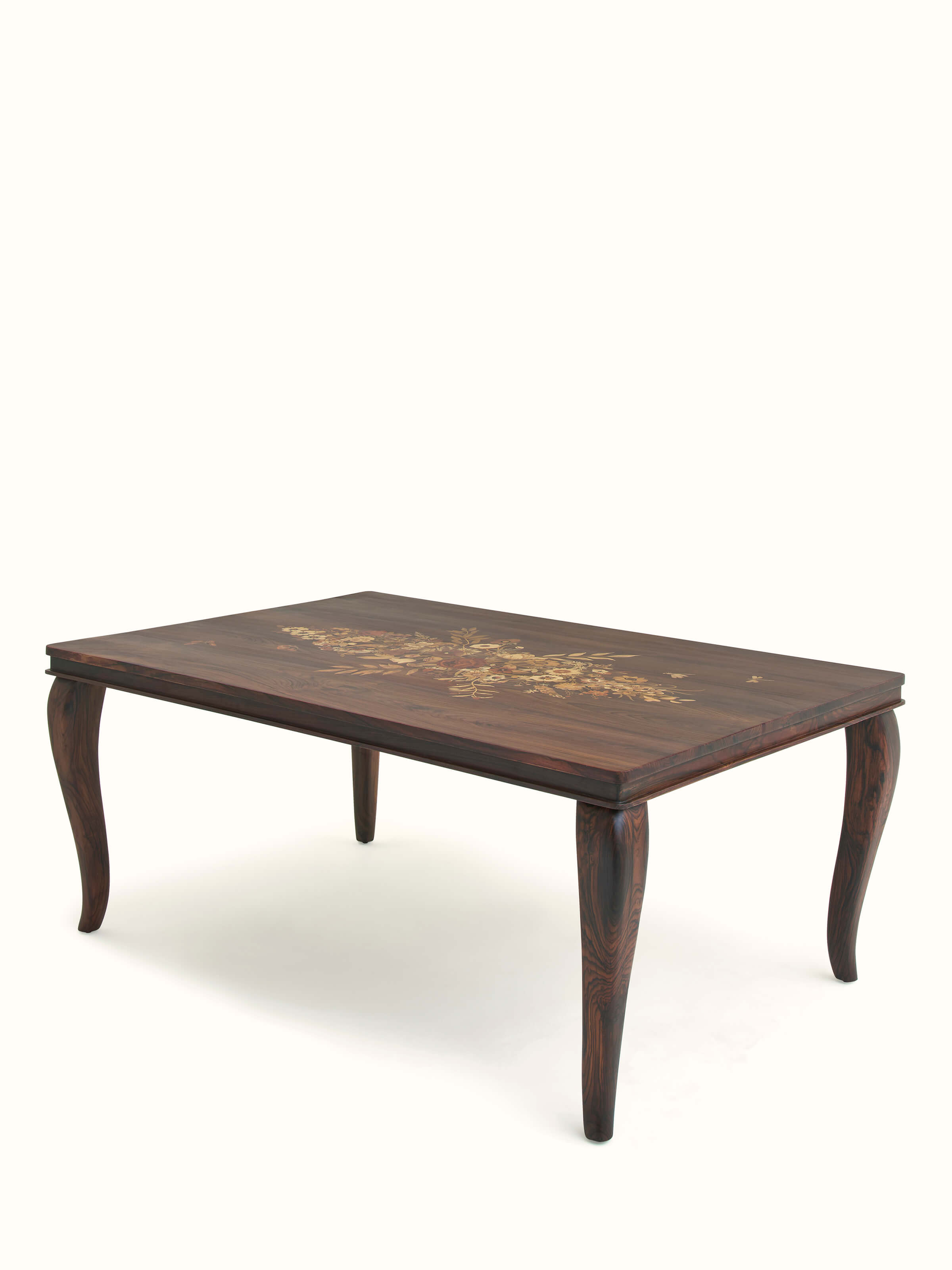 Angled view of Rosewood Inlay 6-seater Dining Table emphasizing the fine detailing and overall design aesthetic.