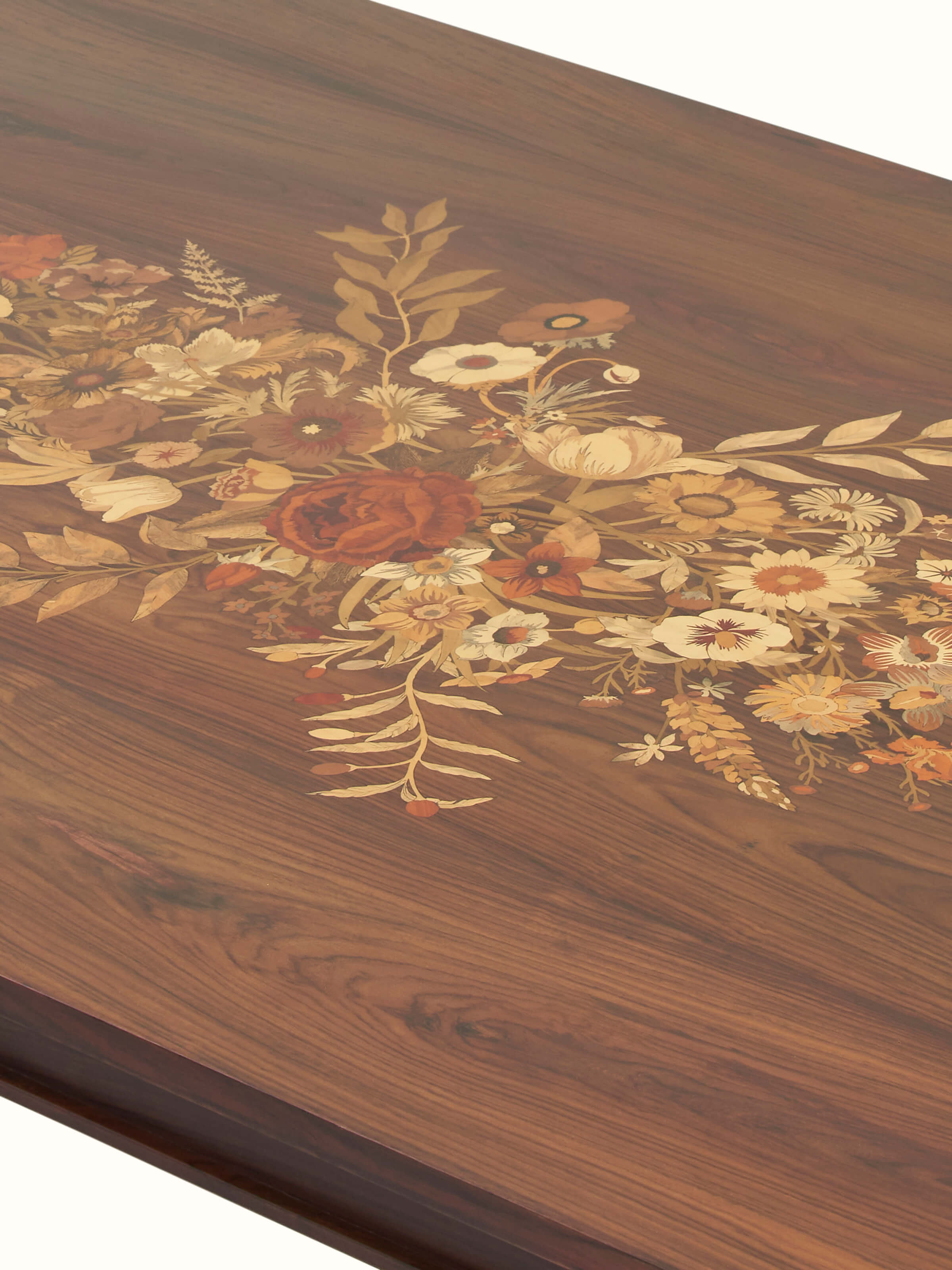 Base view of Rosewood Inlay 6-seater Dining Table showcasing the sturdy foundation and craftsmanship of the woodwork.