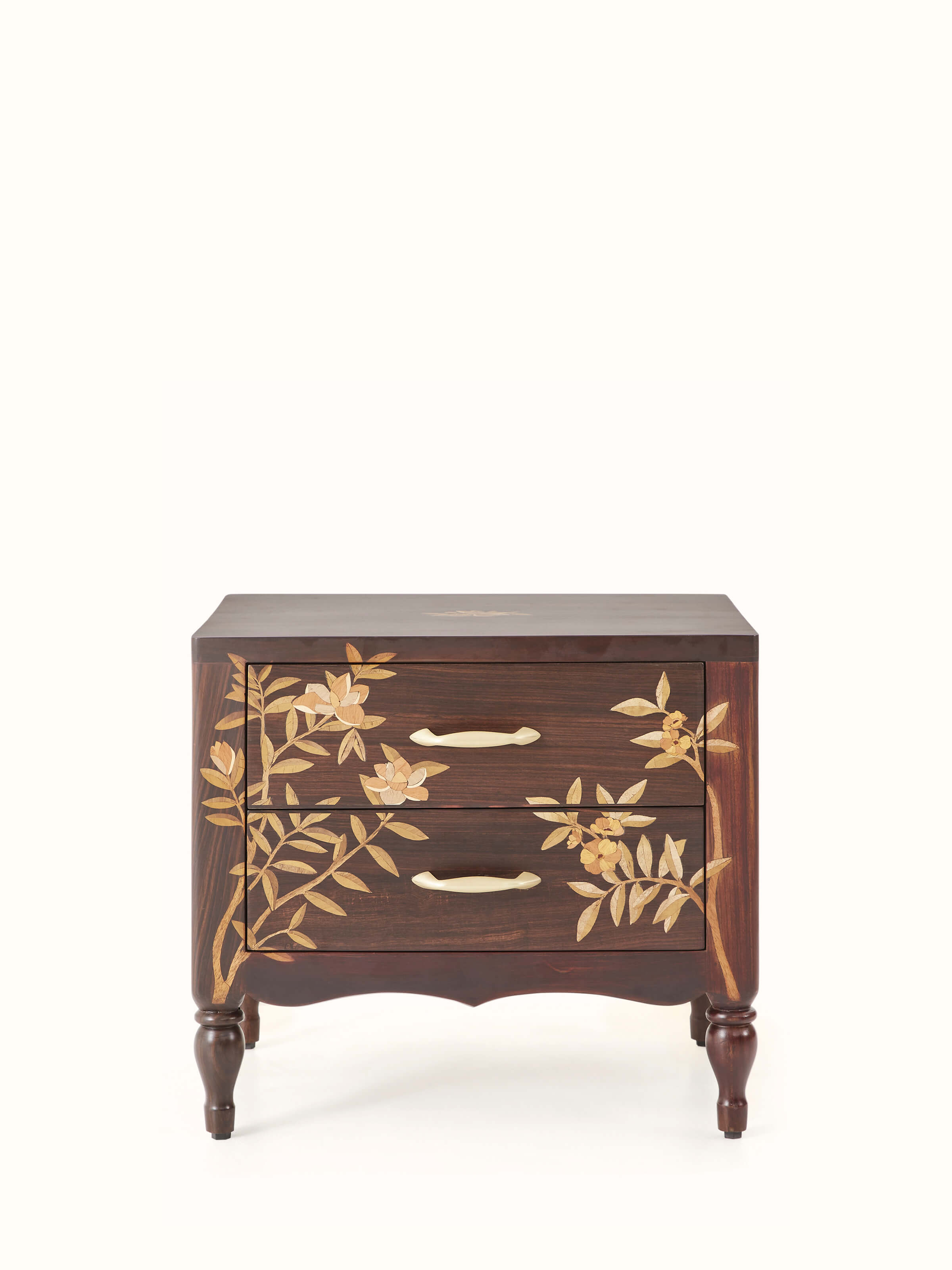 Front view of the Mysore rosewood bedside table with intricate inlay details, showcasing its elegant design