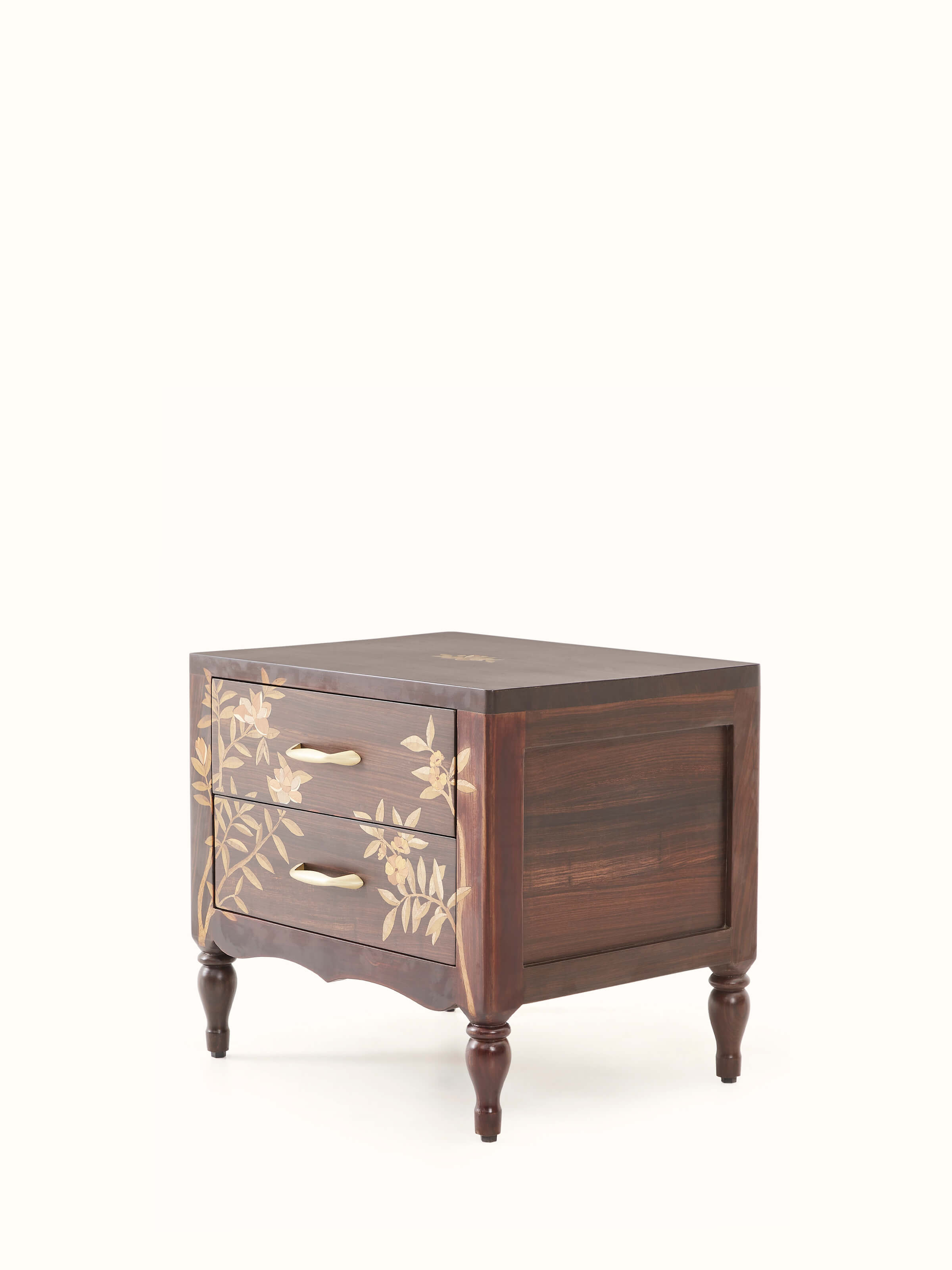 Close-up of the Mysore rosewood bedside table showing detailed inlay work and wood grain