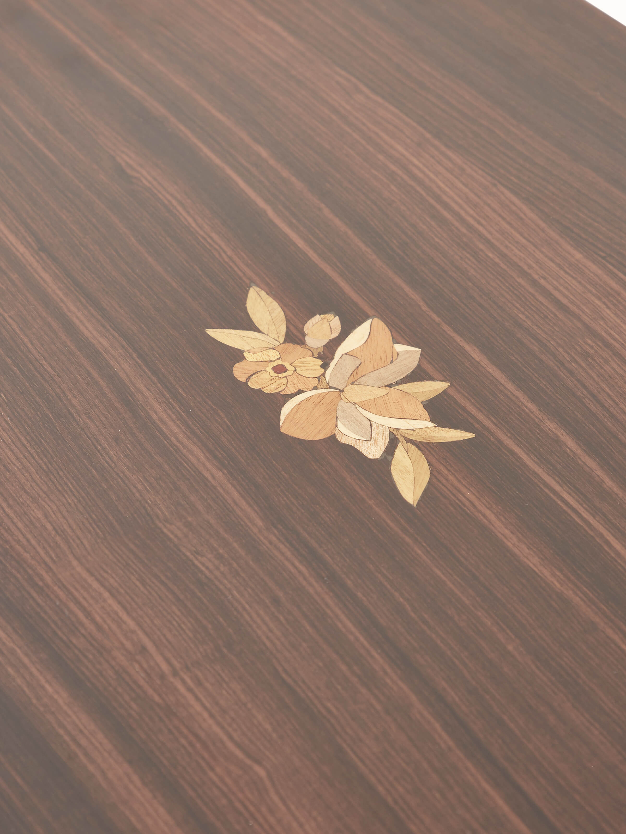 Detailed view of the inlaid patterns on the Mysore rosewood bedside table, emphasizing the intricate design