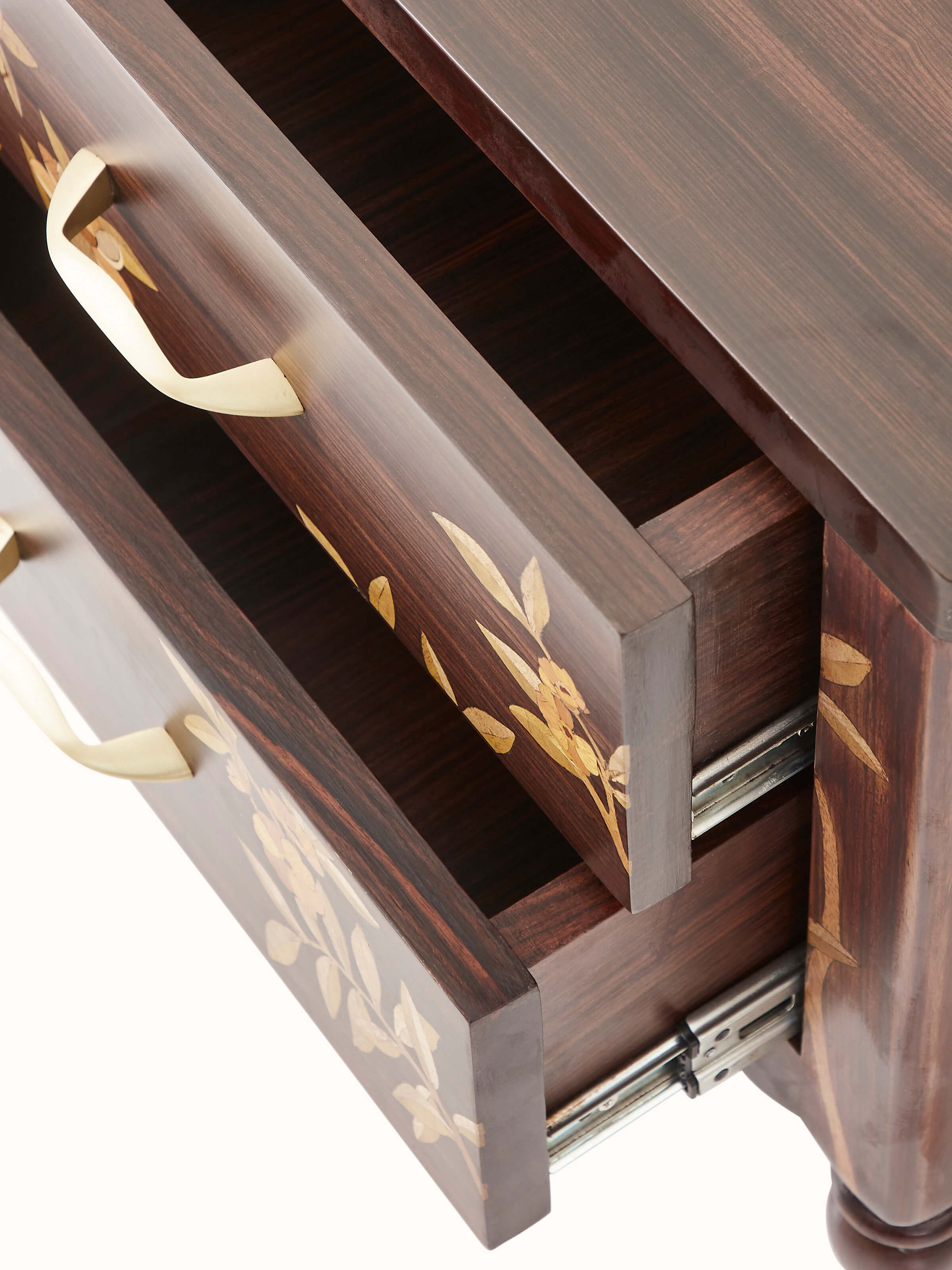 View of the Mysore rosewood bedside table with open drawer, showcasing interior craftsmanship