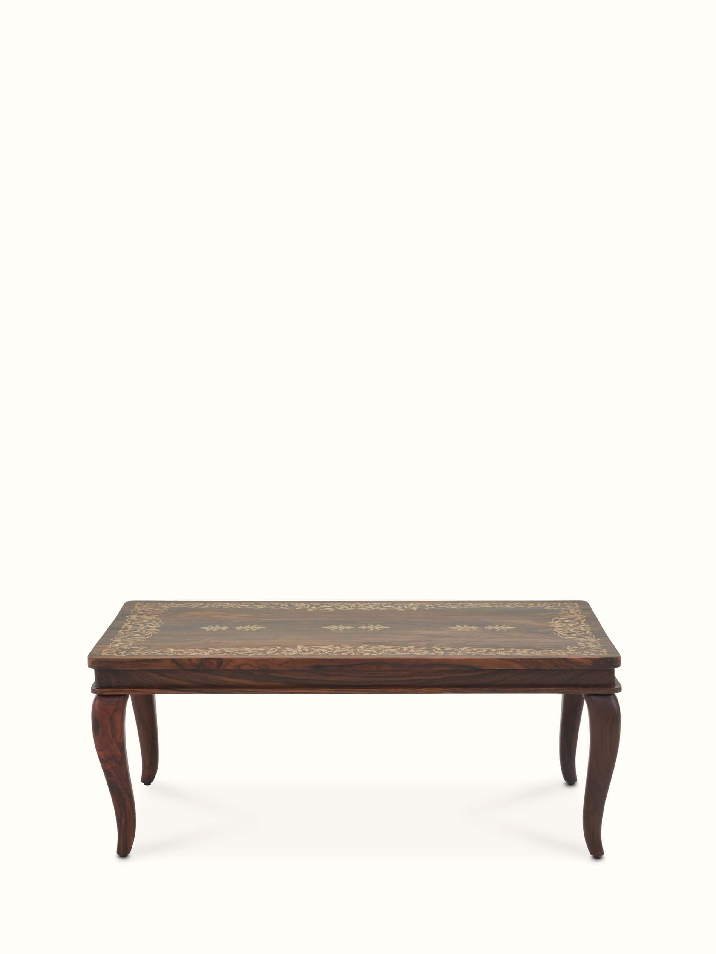 Front view of Rosewood Inlay Floral Coffee Table featuring intricate floral inlay design and rich rosewood finish