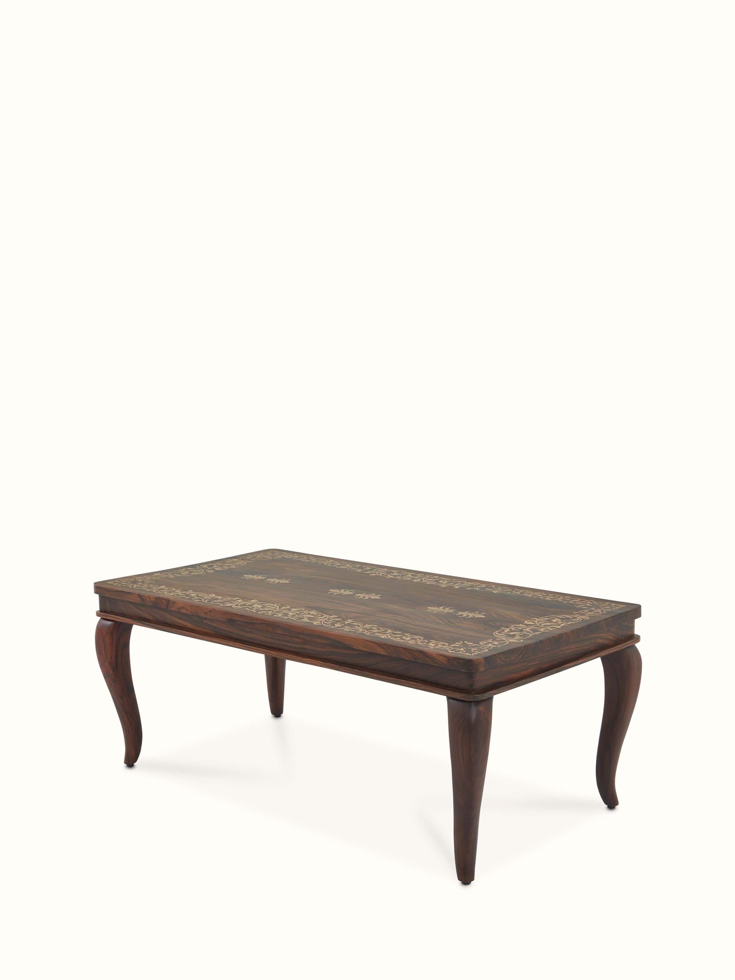 Angled view of Rosewood Inlay Floral Coffee Table showing the elegance of the floral inlay pattern and wood grain