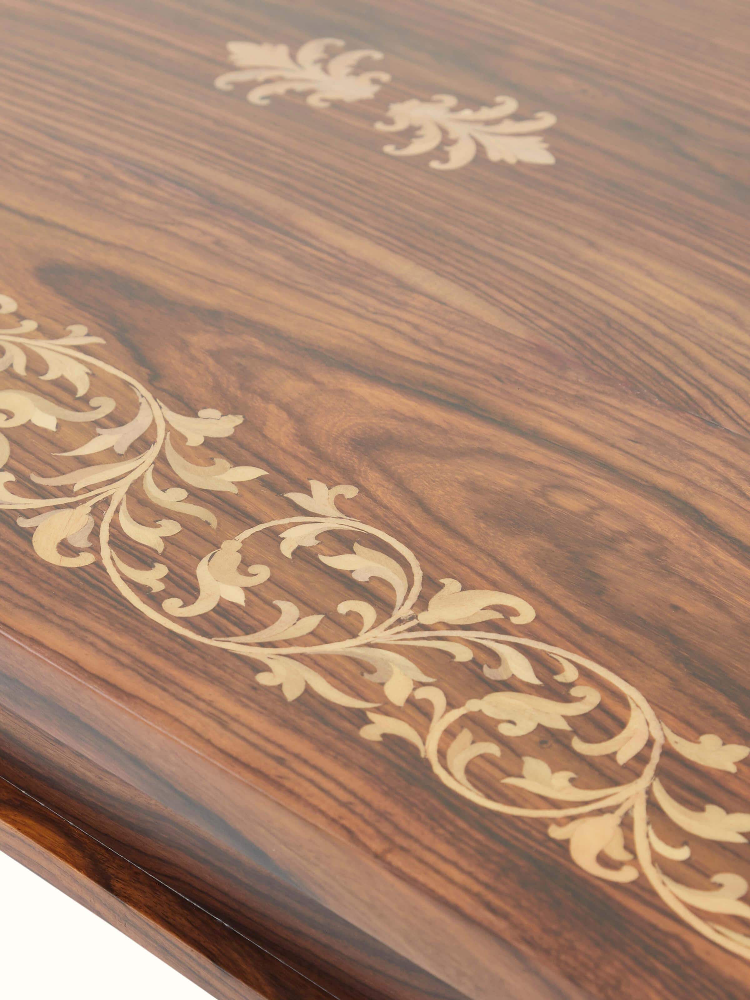 Close-up of Rosewood Inlay Floral Coffee Table’s floral inlay detail, showcasing the fine craftsmanship and design