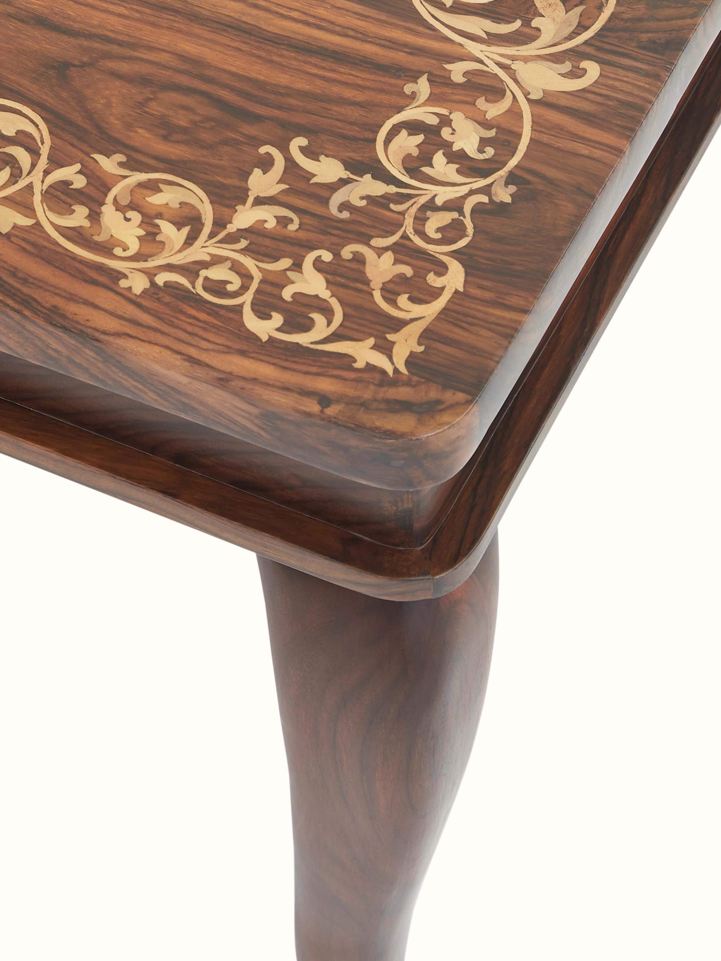 Full view of Rosewood Inlay Floral Coffee Table showing the overall design, floral inlay, and rosewood finish