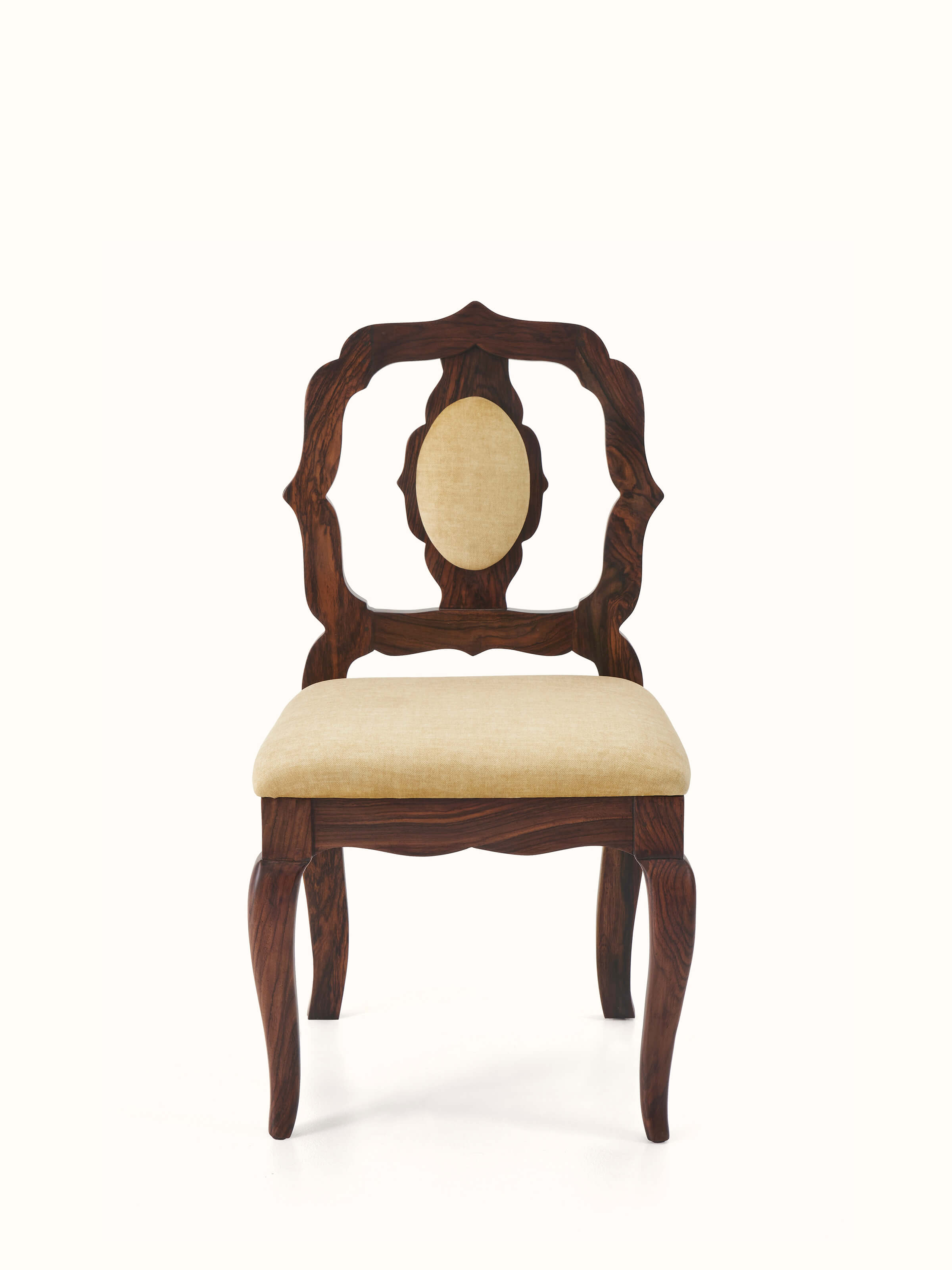 Front view of Upholstered Rosewood Inlay Dining Chair (2 Pcs) showcasing elegant inlay design and soft, comfortable upholstery.