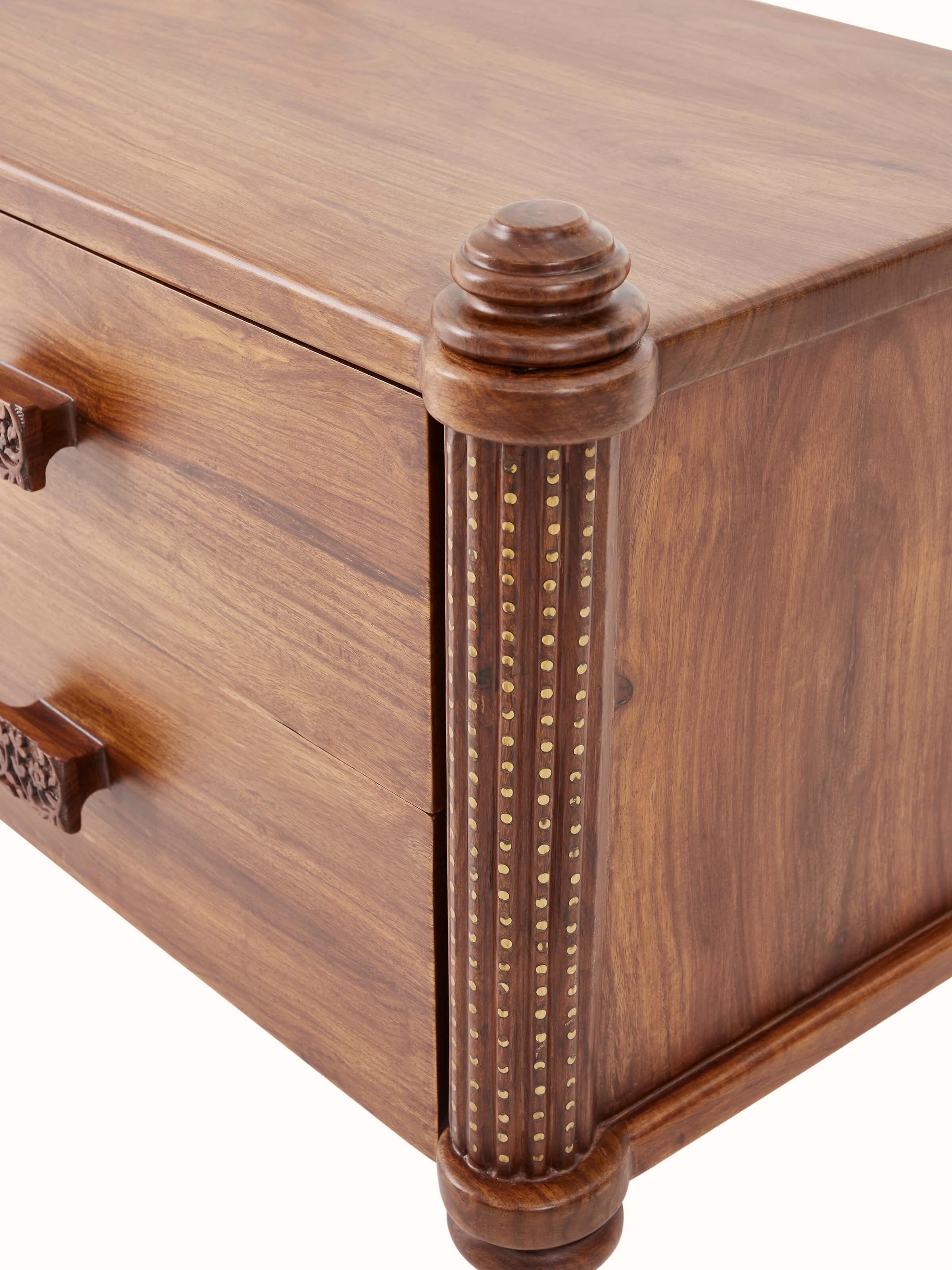 Top view of Carved Sheesham Wood Bedside Table emphasizing its spacious surface and elegant craftsmanship.