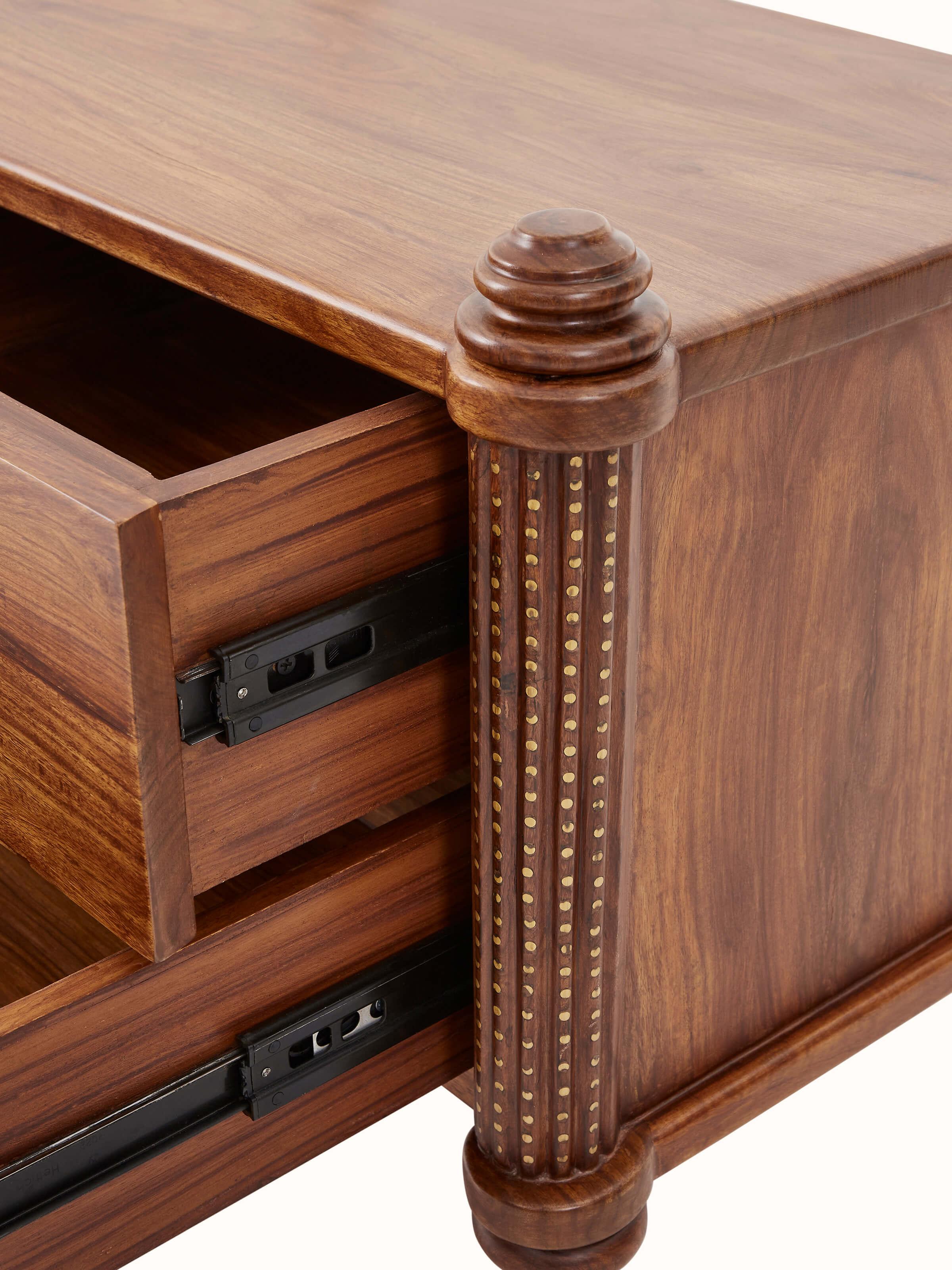 Close-up view of Carved Sheesham Wood Bedside Table showcasing the intricate detailing and fine finish.