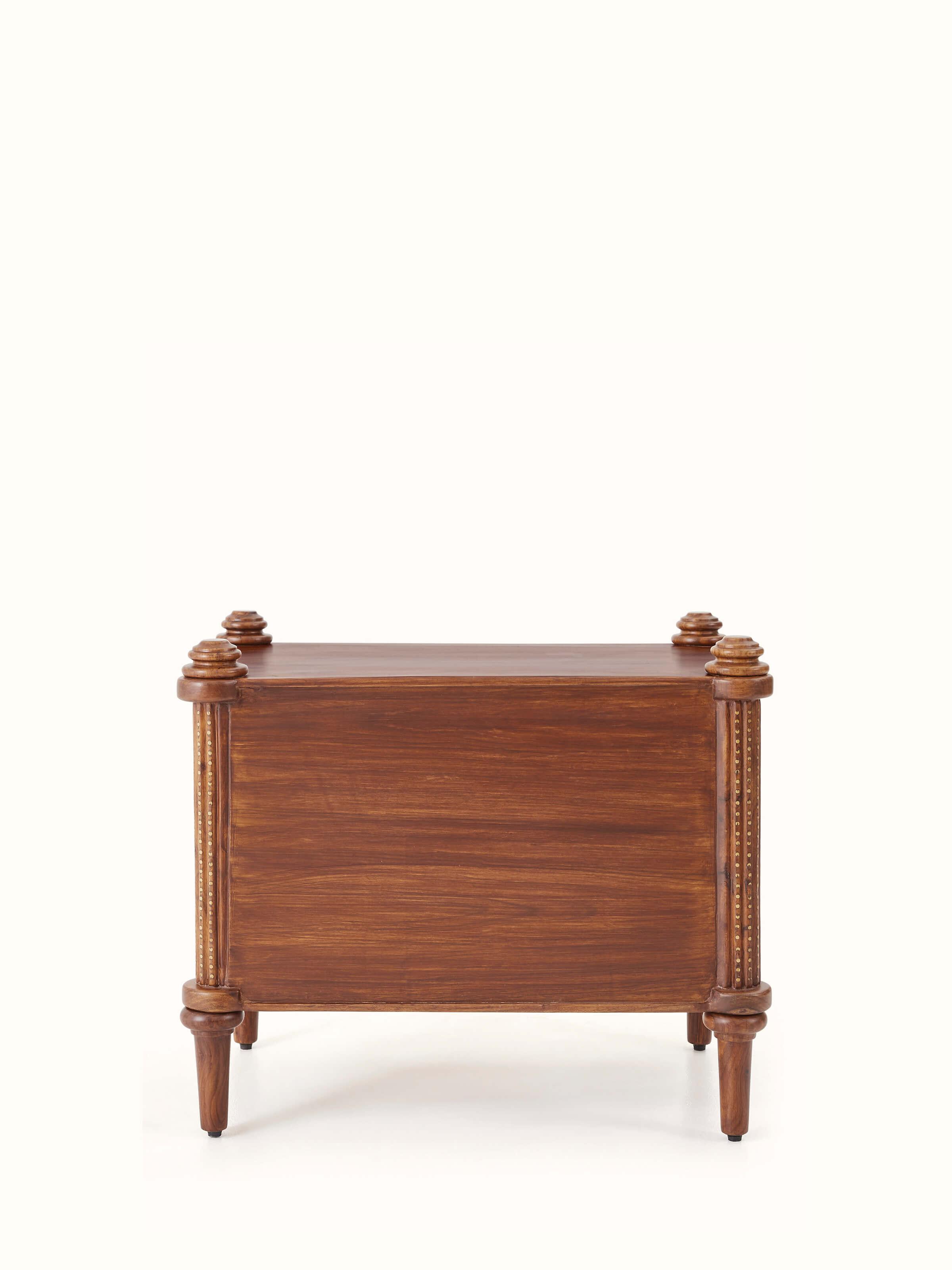 Back view of Carved Sheesham Wood Bedside Table showing sturdy construction and detailed woodwork.