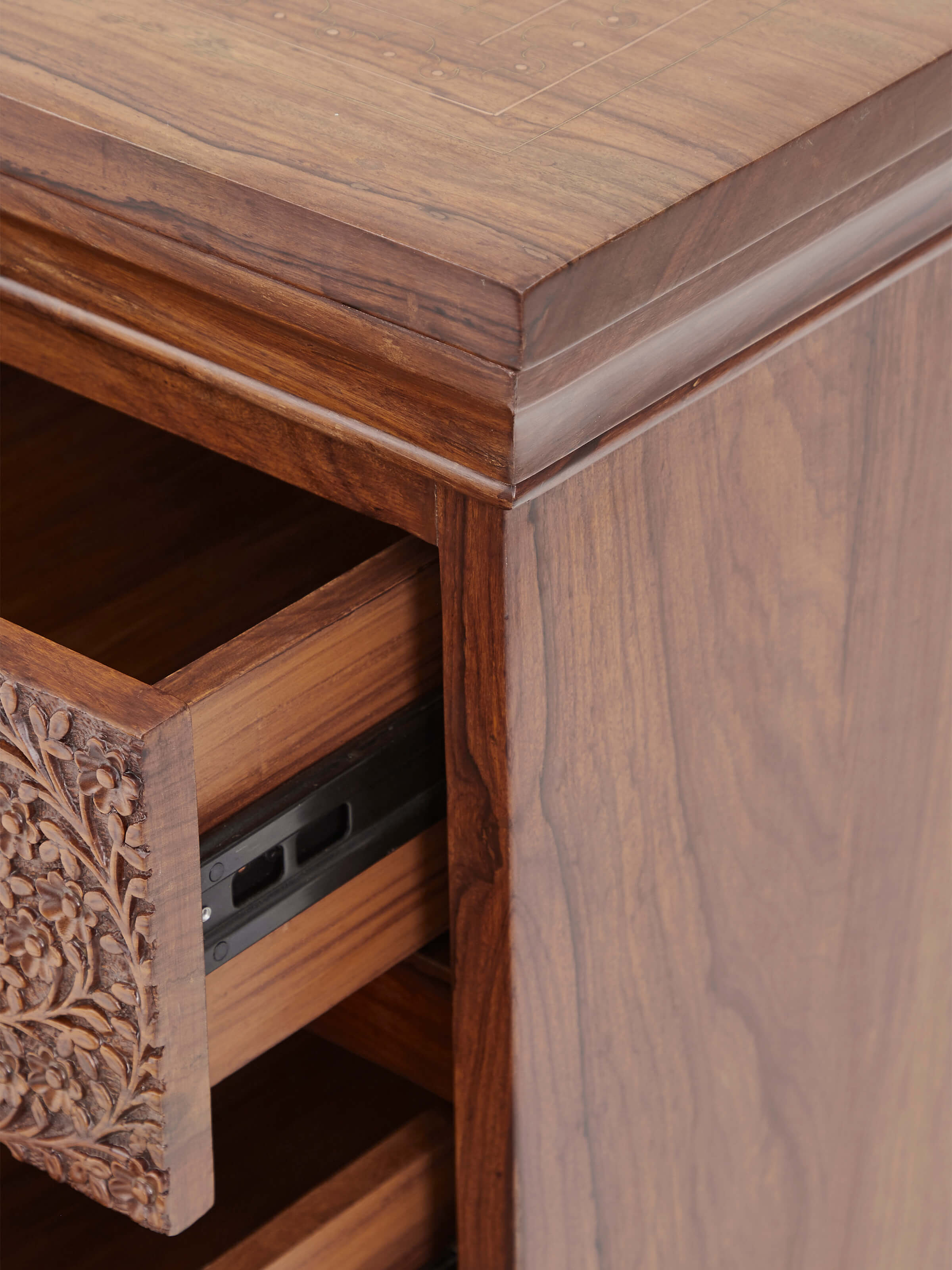 Top view of Carved Sheesham Chest of Drawers emphasizing its spacious surface and elegant carving details.