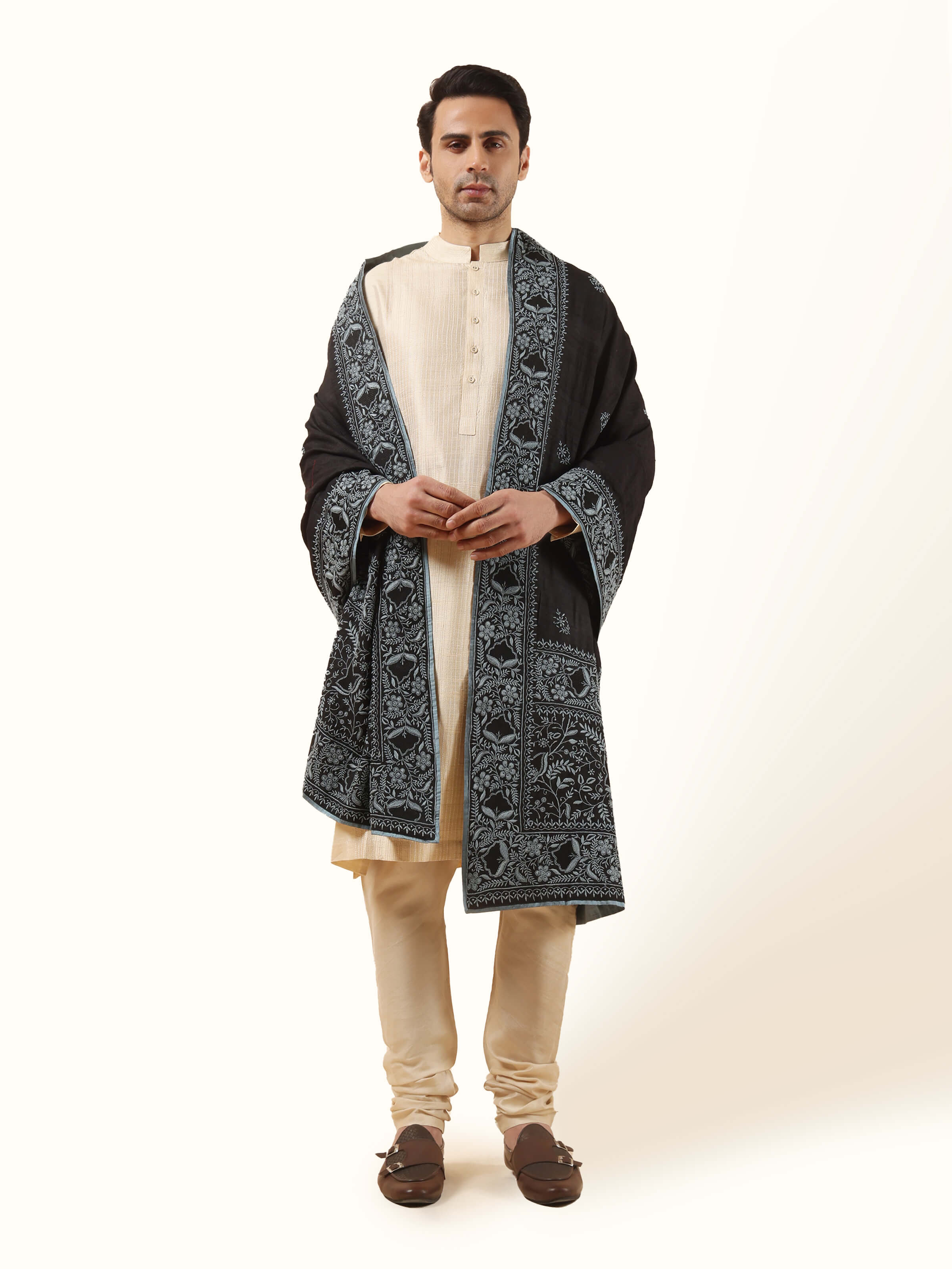 Black Tussar Silk Chikankari Embroidered Shawl