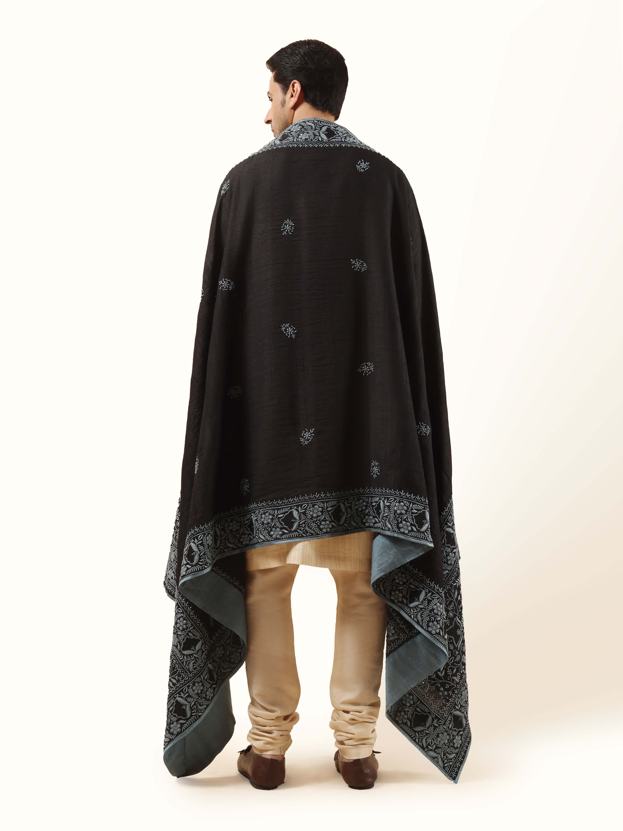Black Tussar Silk Chikankari Embroidered Shawl