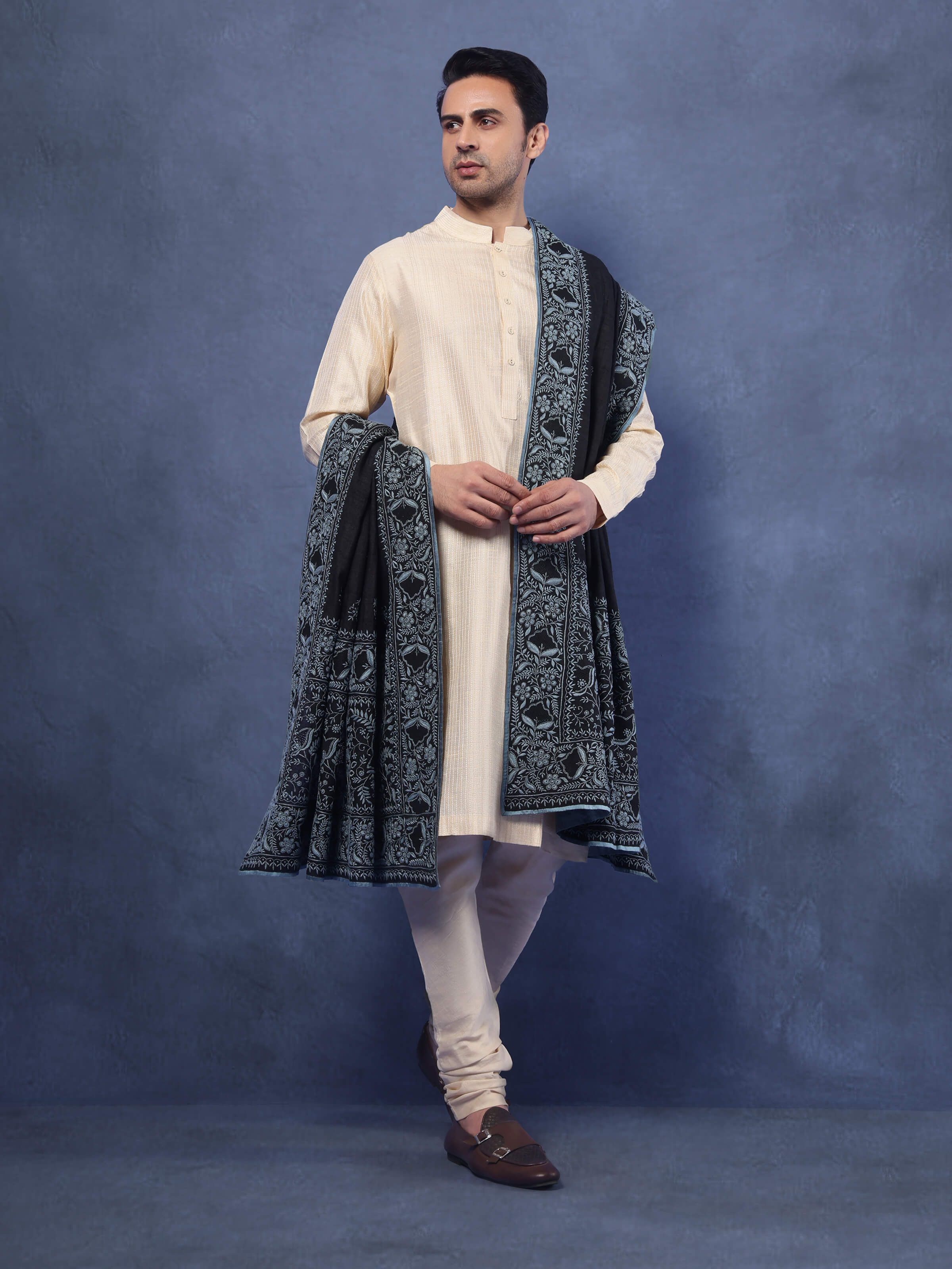 Black Tussar Silk Chikankari Embroidered Shawl