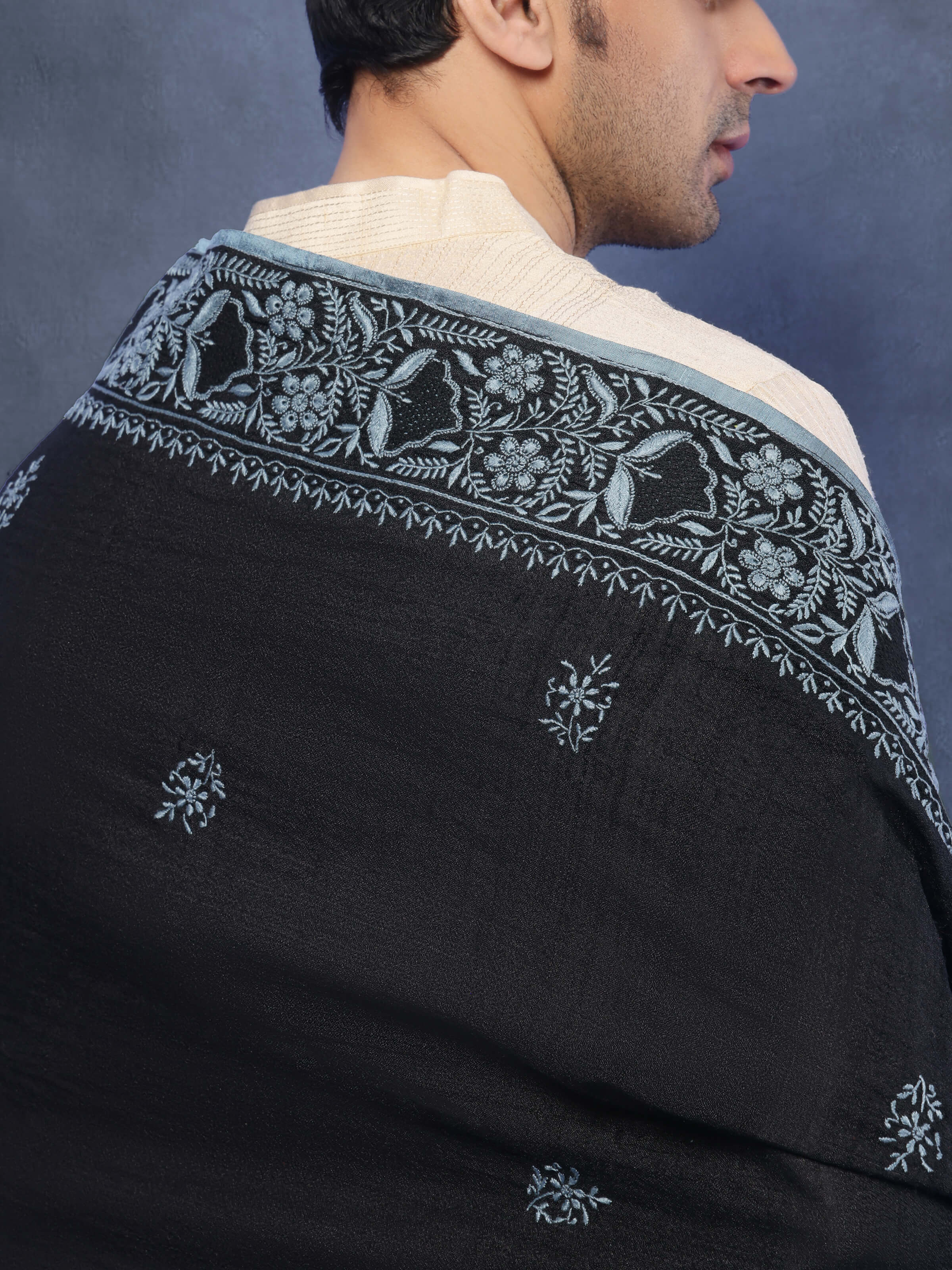 Black Tussar Silk Chikankari Embroidered Shawl