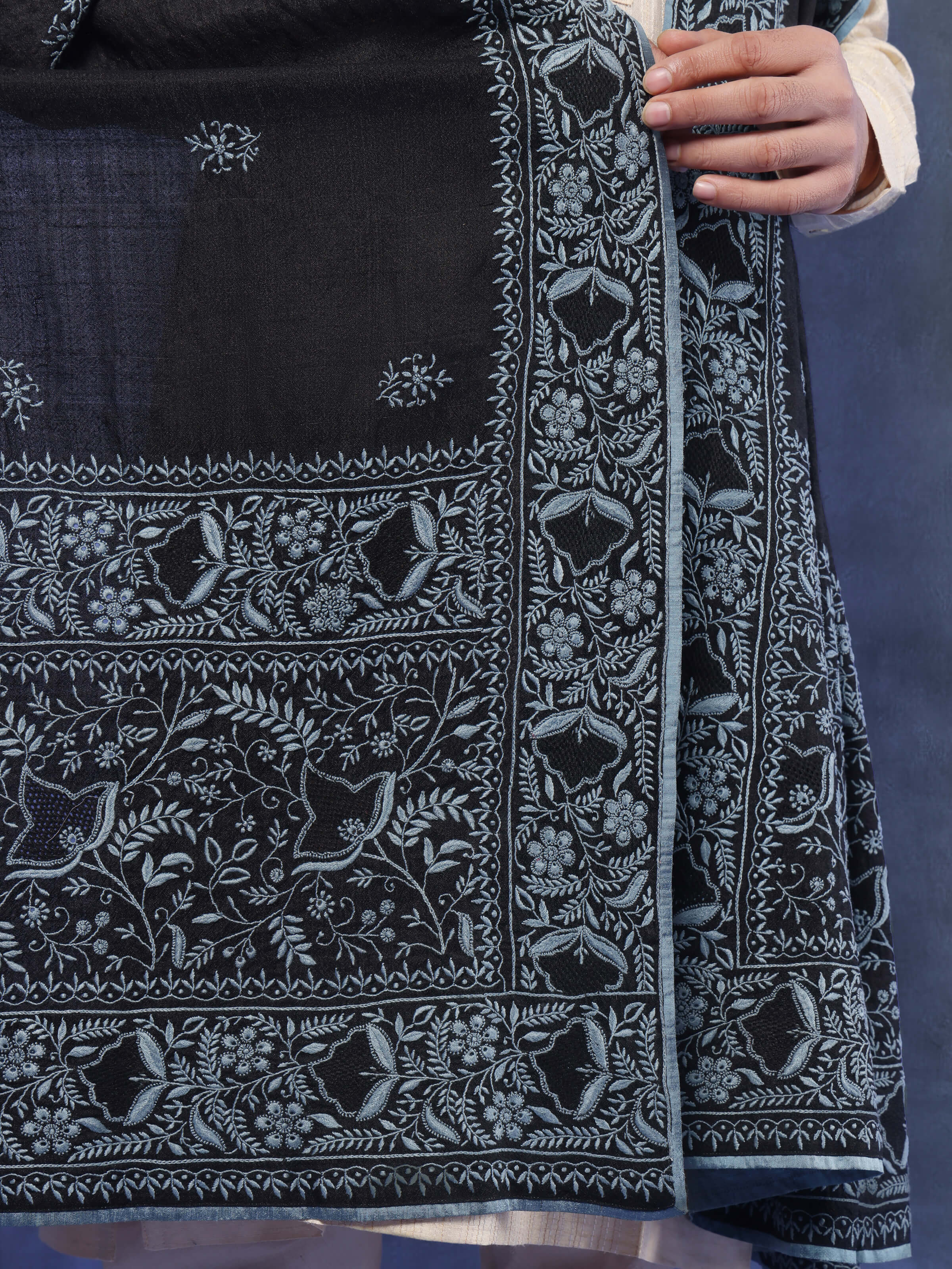 Black Tussar Silk Chikankari Embroidered Shawl