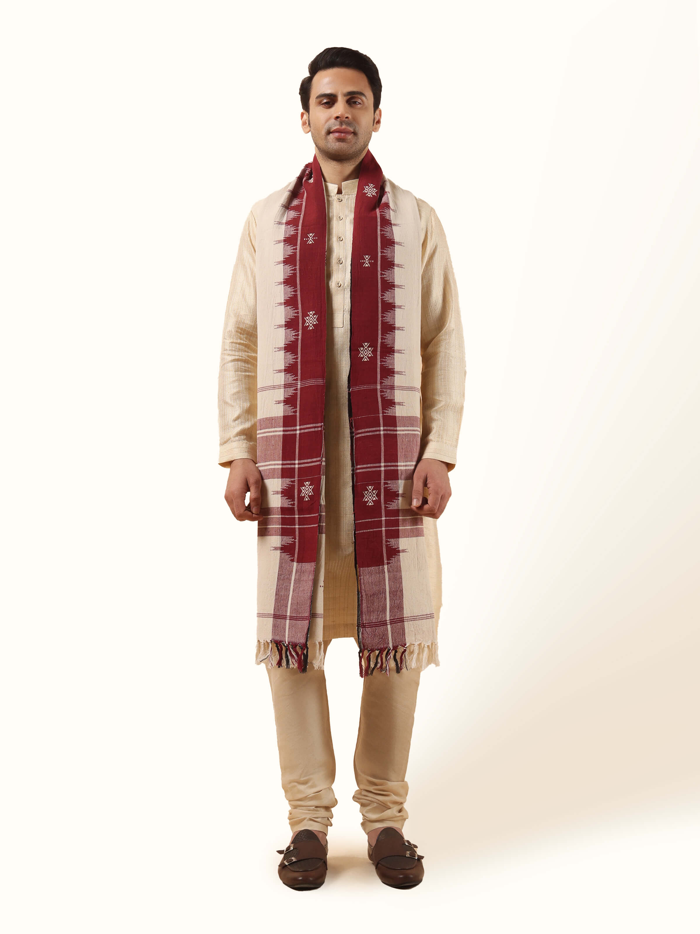 Front view of brown cotton Kotpad stole with tribal motifs and handwoven detailing