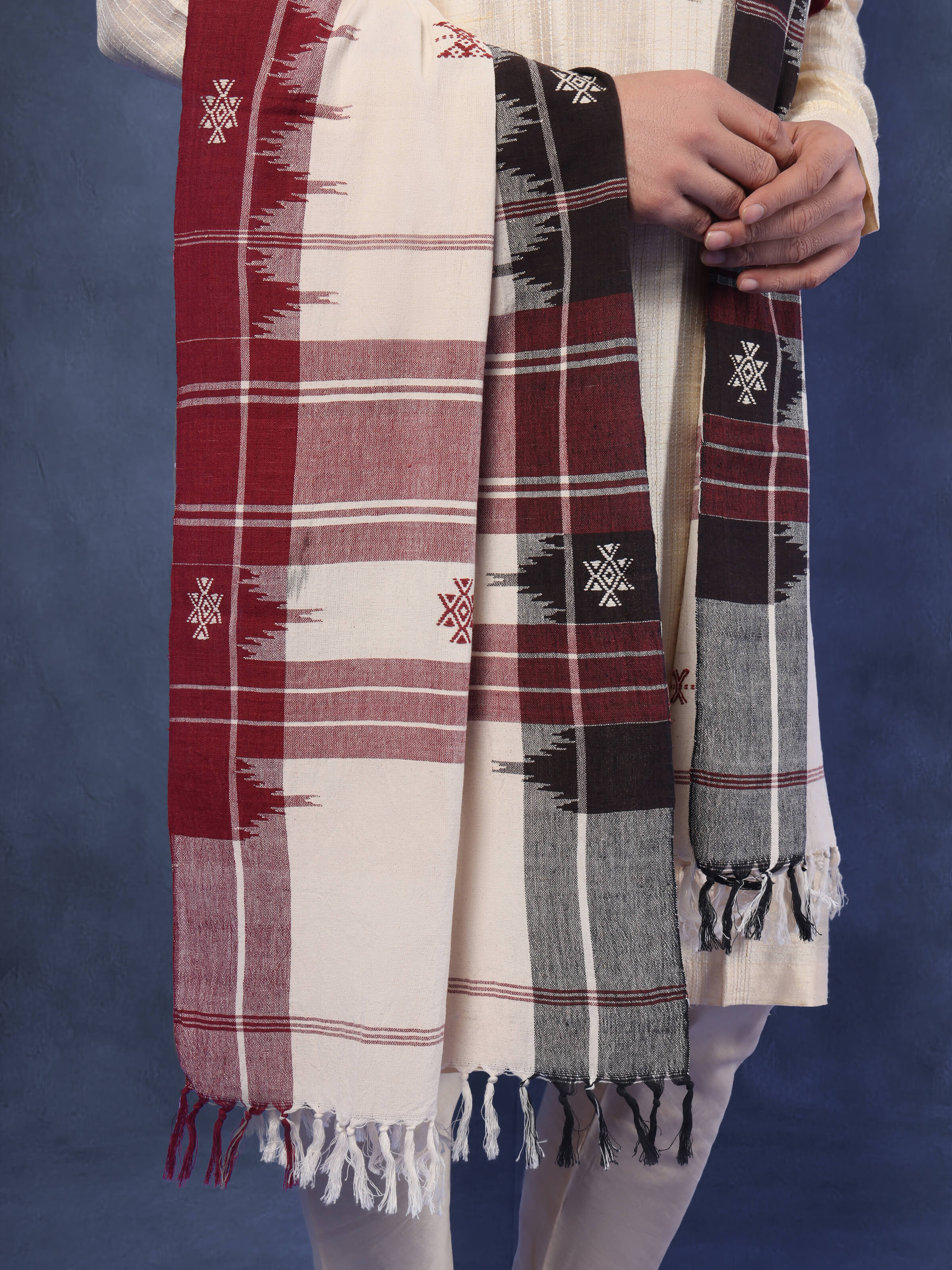 Detail shot highlighting weave and texture of brown handloom Kotpad stole