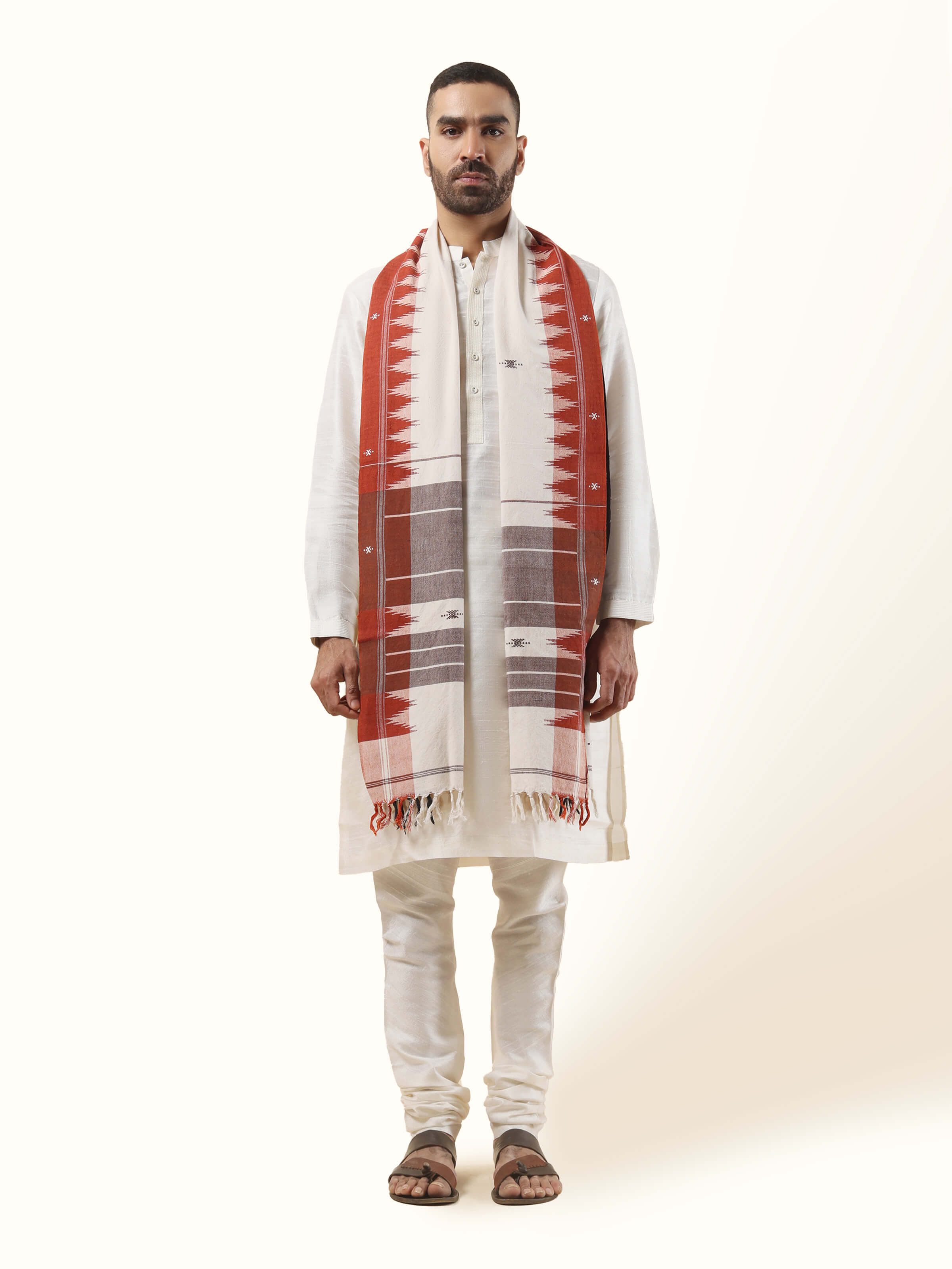 Front view of Maroon Cotton Kotpad Stole showcasing traditional handwoven patterns by Swadesh.