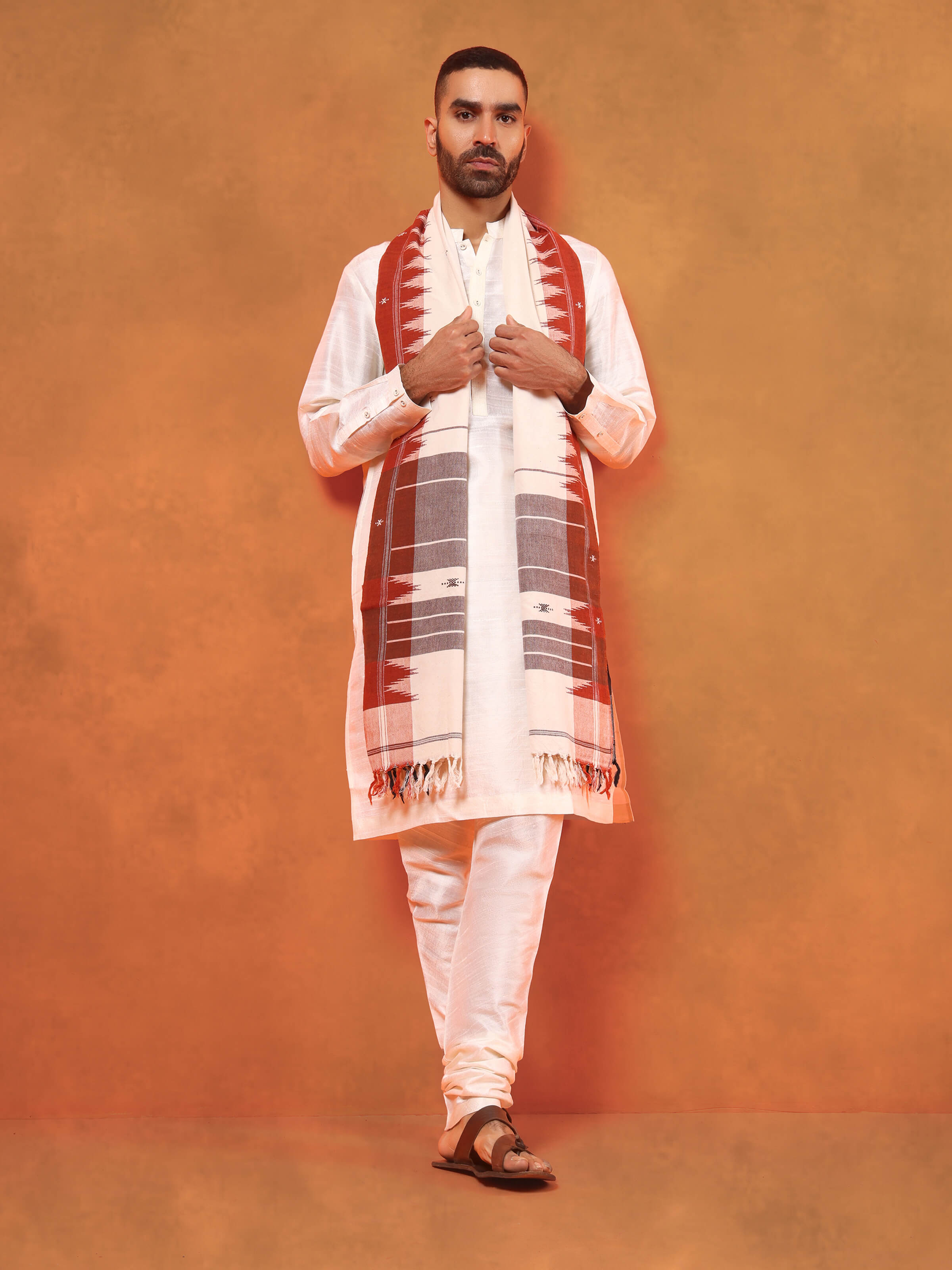 Lifestyle view of Maroon Cotton Kotpad Stole draped over shoulder highlighting rich cotton texture.