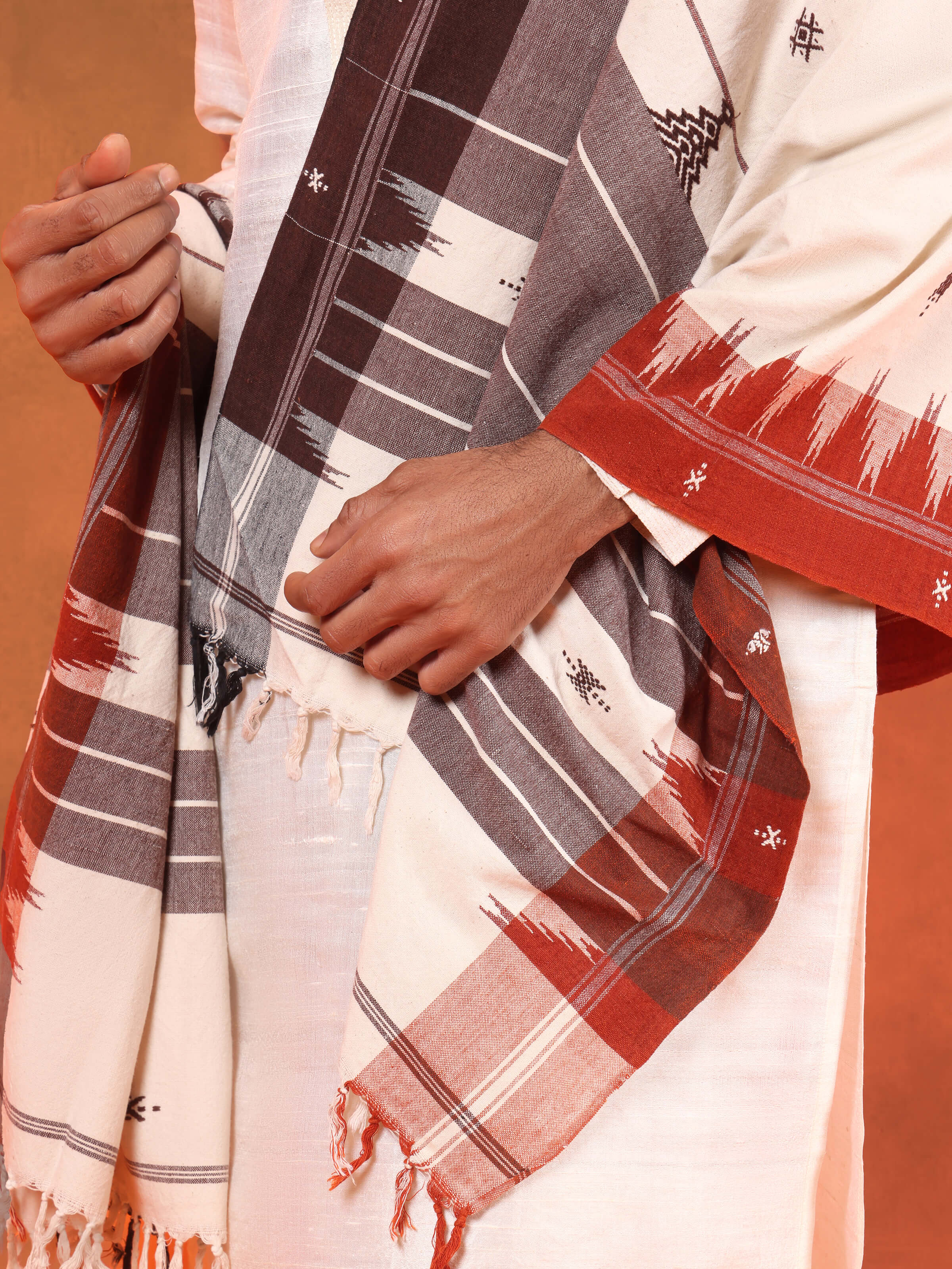 Detail shot of Maroon Cotton Kotpad Stole showing fine cotton weave and hand block print design.
