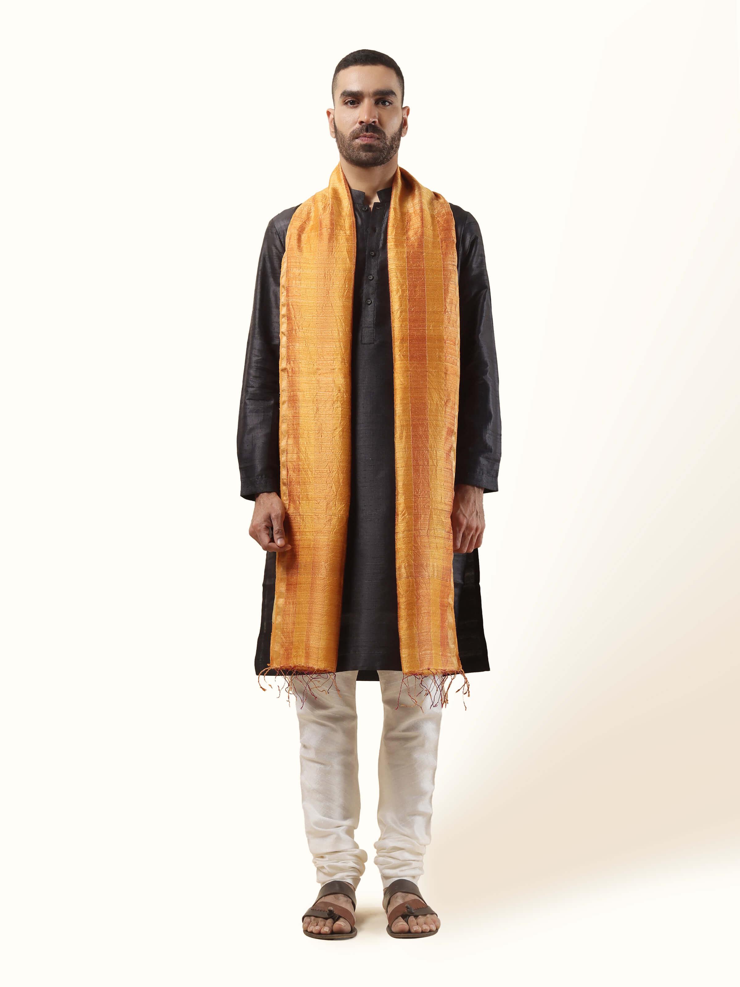 Front view showcasing the rich mustard hue and natural texture of this luxurious Matka silk stole.