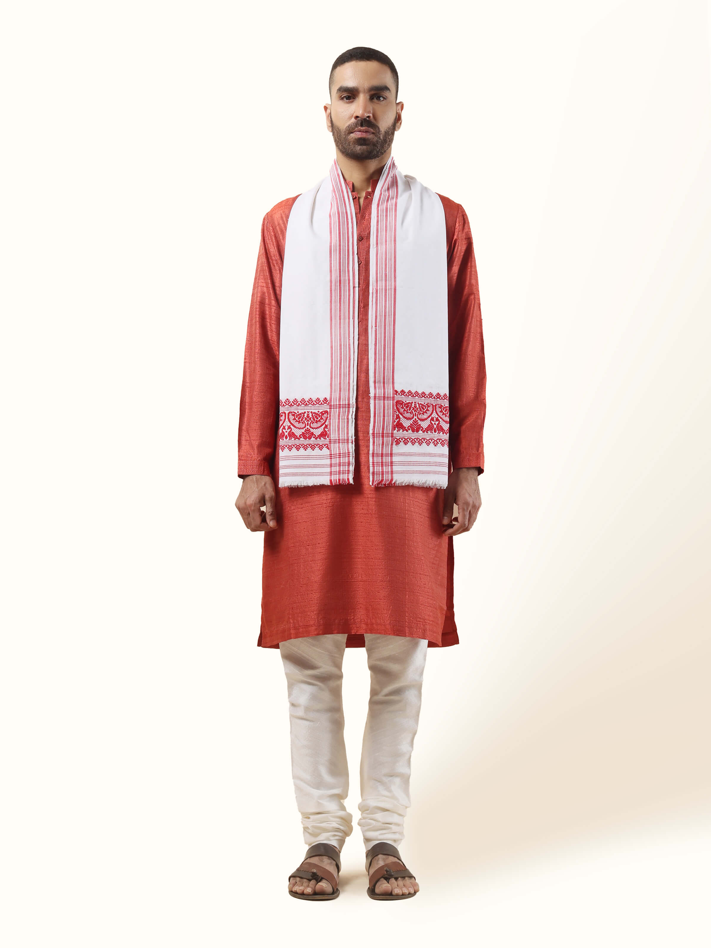 Front view of plain white cotton stole with soft texture and lightweight drape.