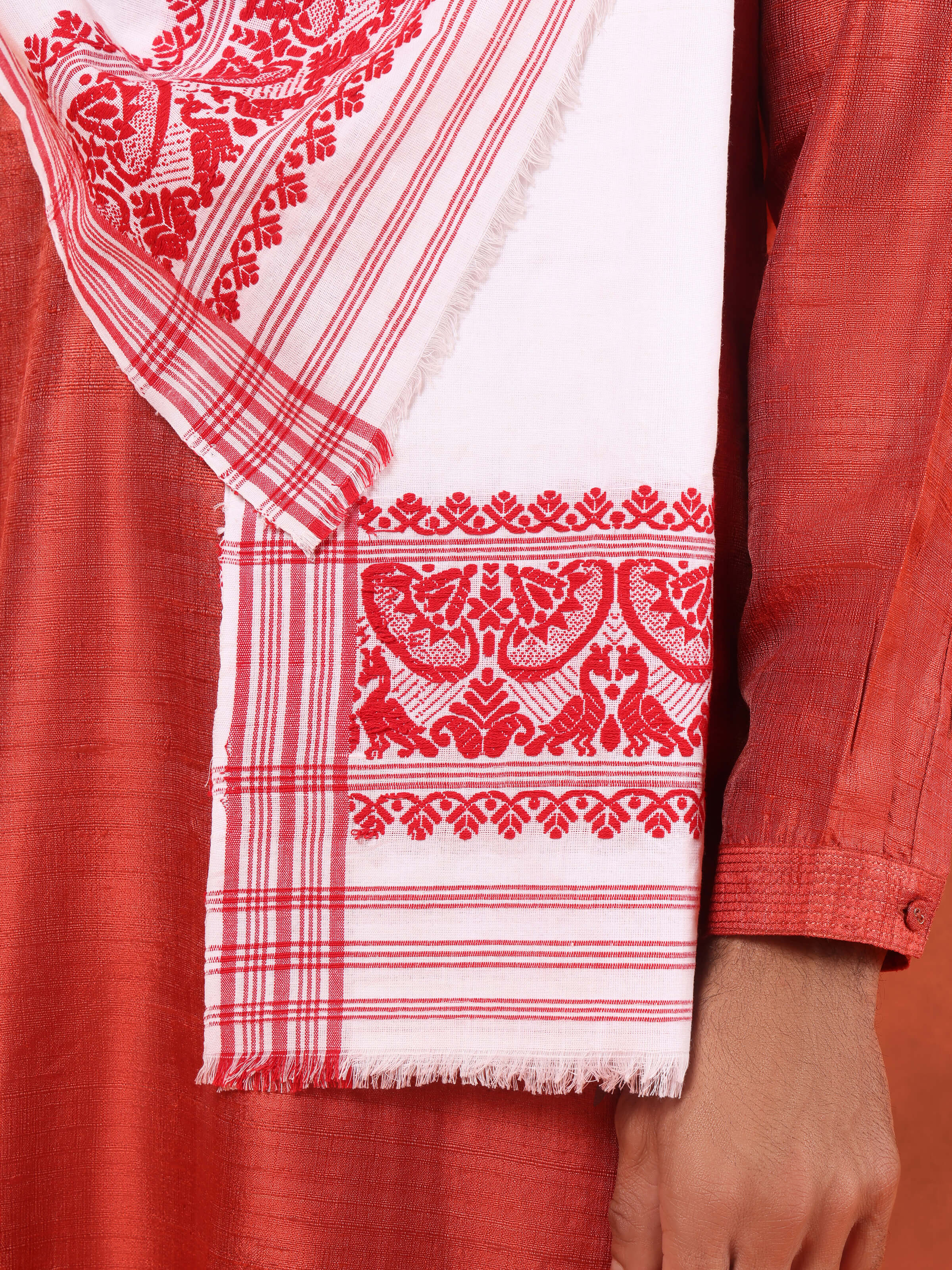 Detail shot showing breathable cotton weave and fine hand finish.