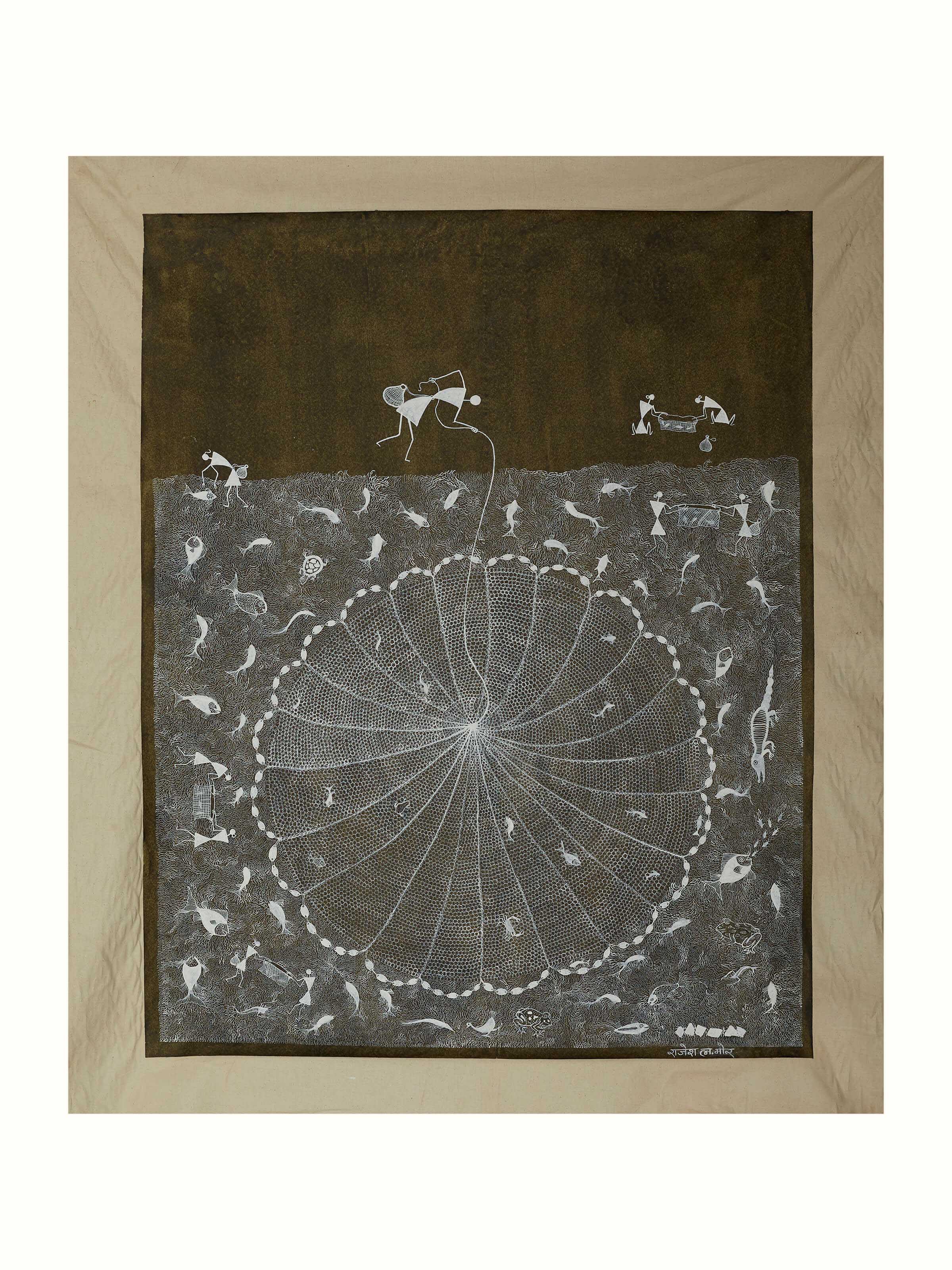 Front view of Warli Fishing Painting highlighting traditional artwork