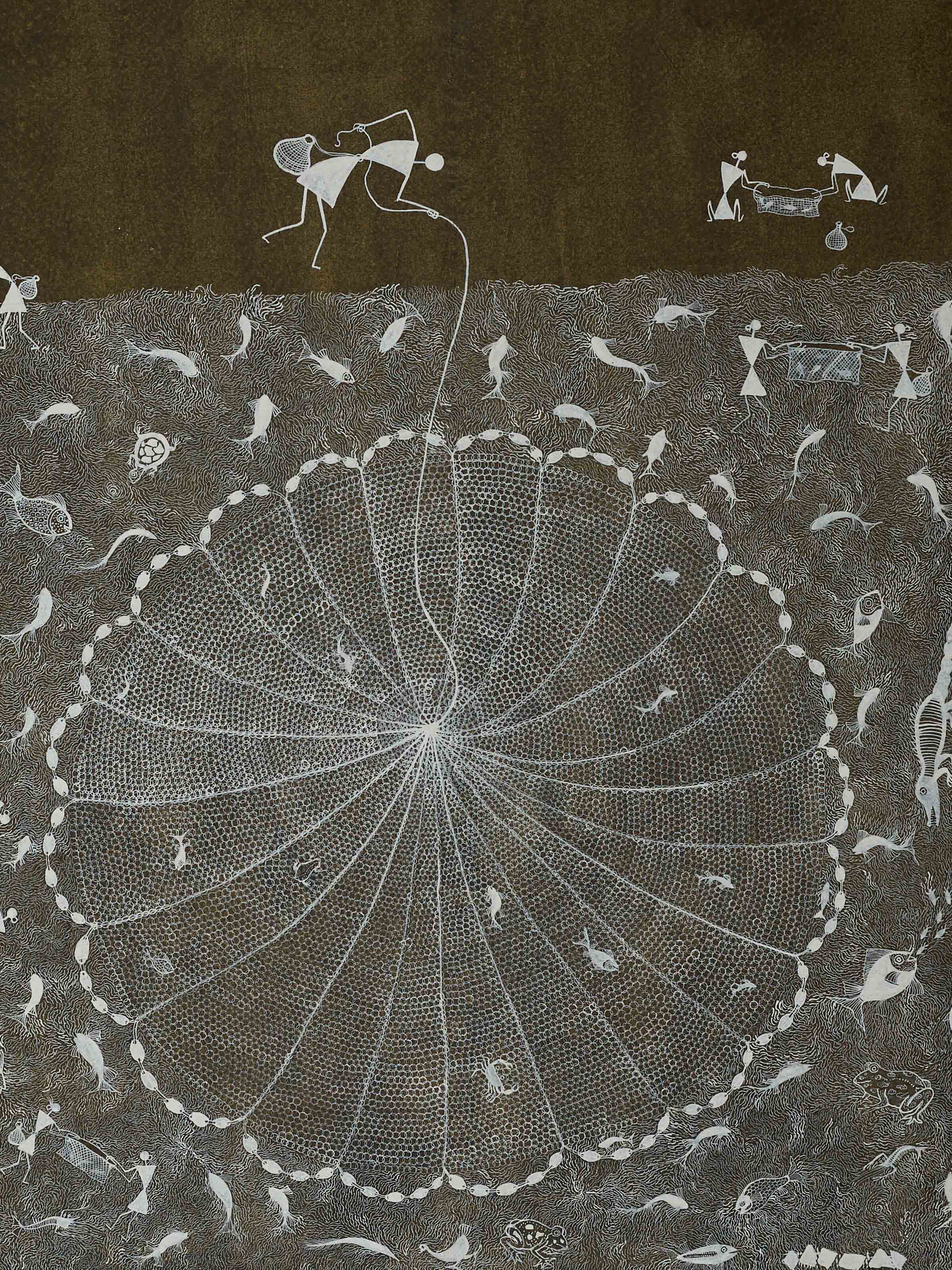 Detailed shot of Warli Fishing Painting showcasing intricate patterns