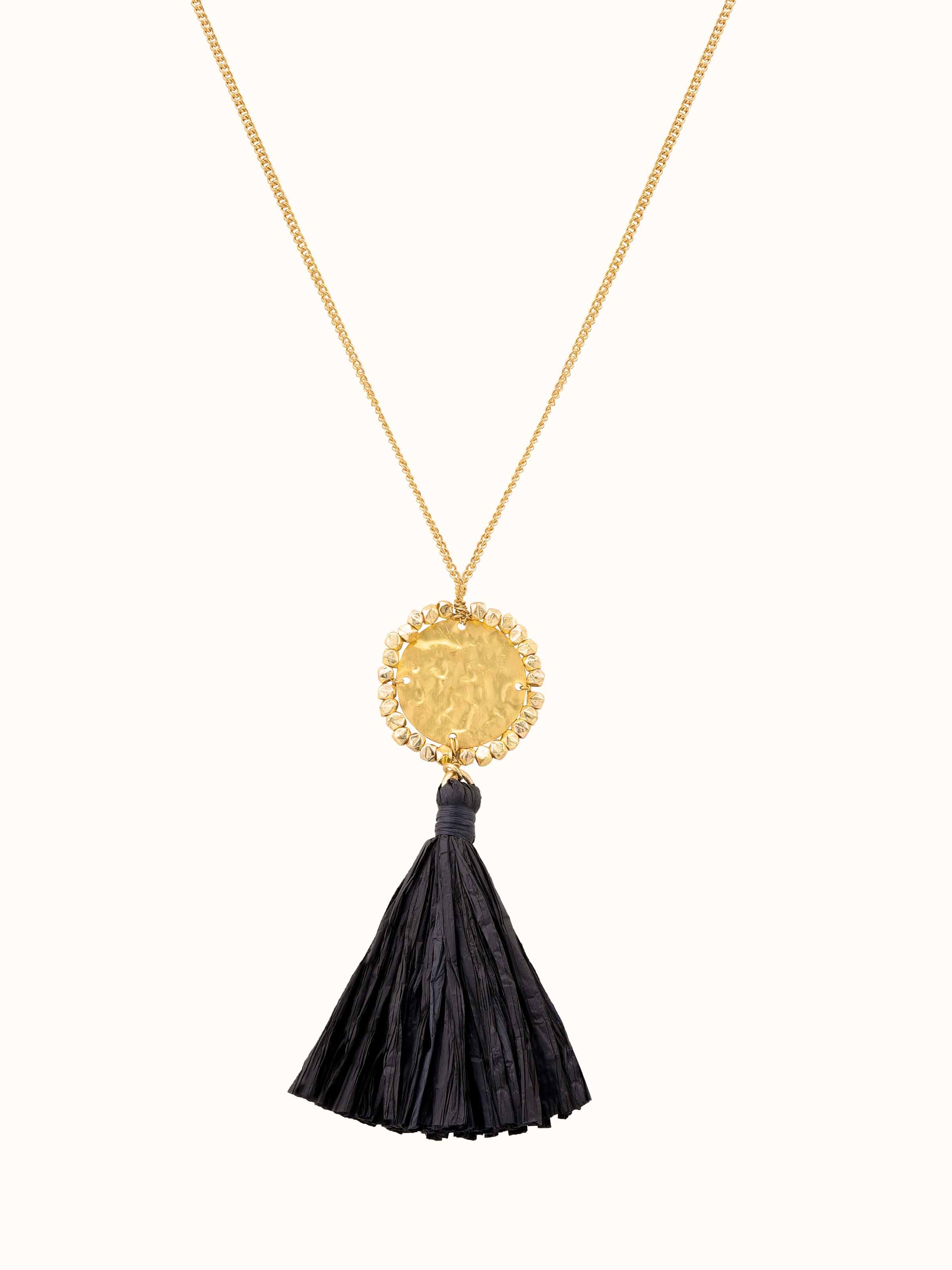 Front view of Raffia fibre long necklace showcasing natural fibers