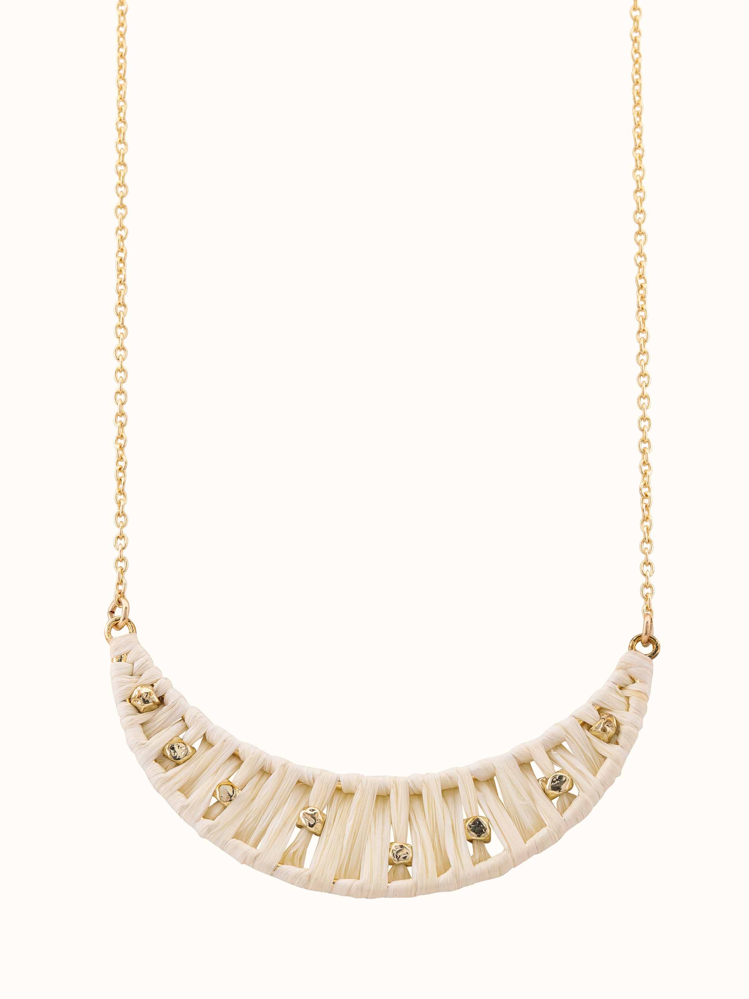 Front view of Raffia fibre long necklace showcasing natural texture and bohemian design