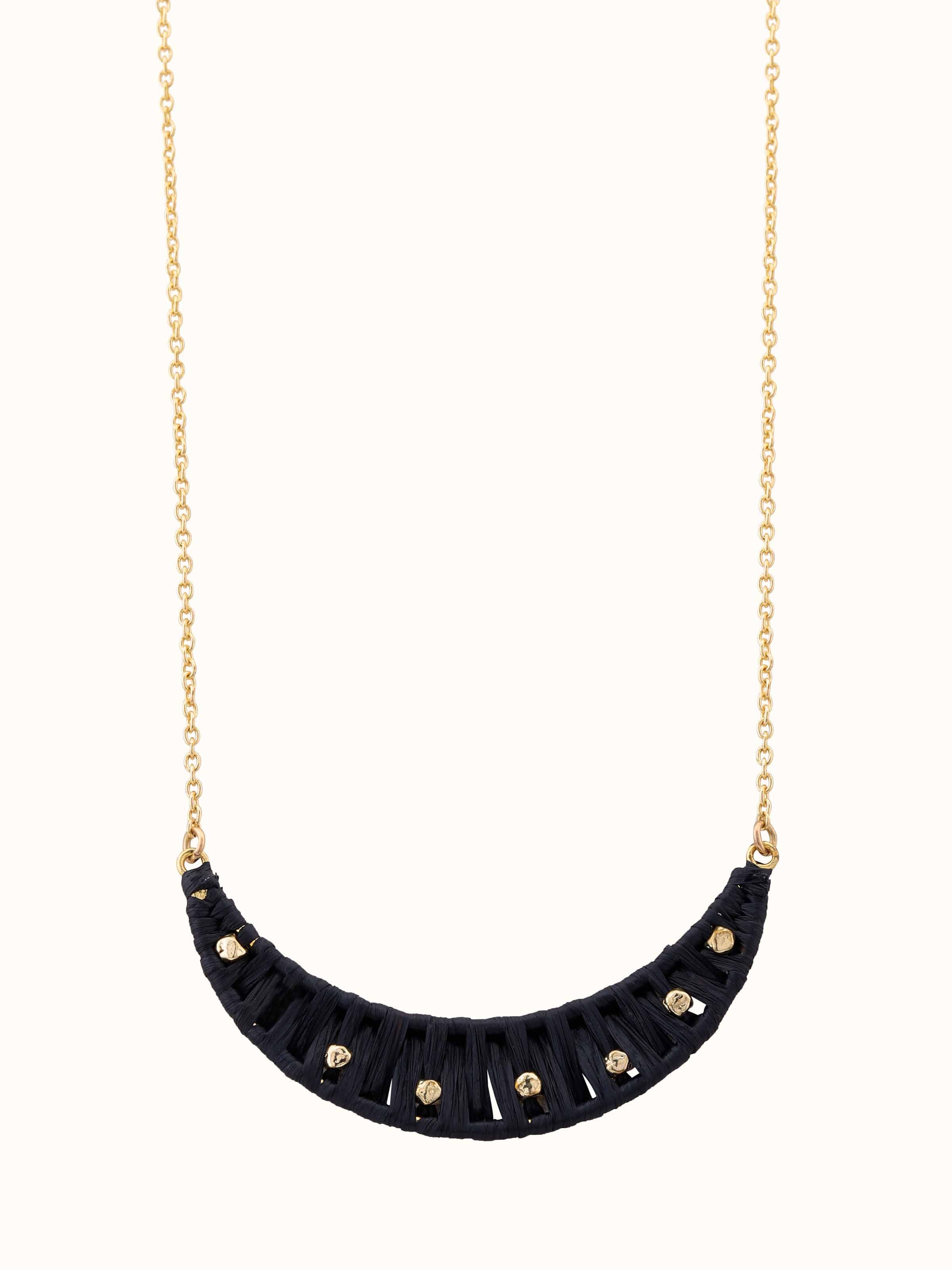 Front view of raffia fibre long necklace highlighting its natural texture and intricate design.