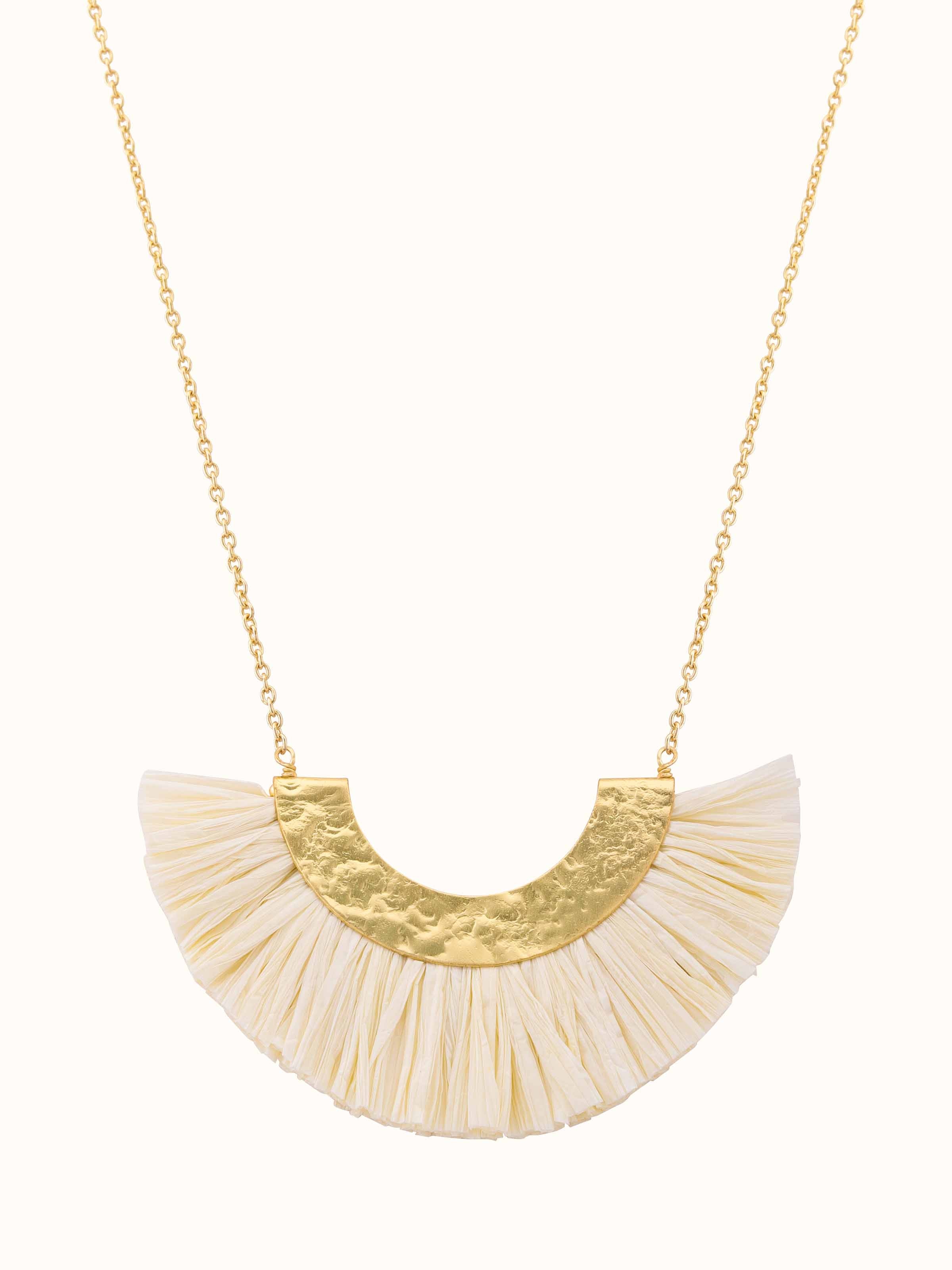 Front view of Raffia Fibre Long Necklace featuring a natural and elegant design.