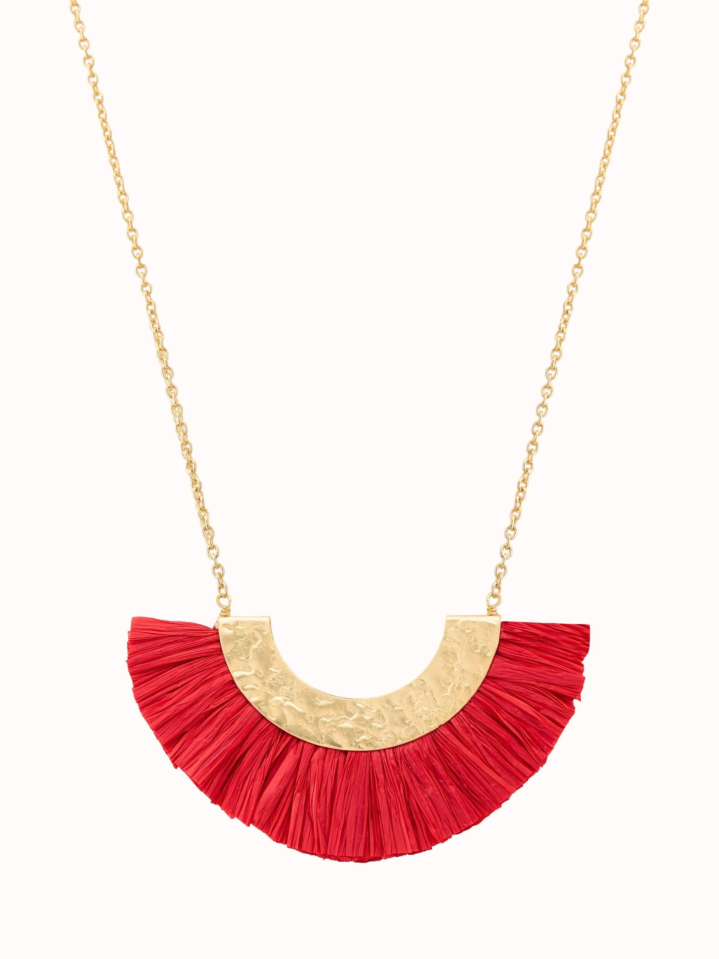 Front view of Raffia Fibre Long Necklace showcasing the vibrant, textured raffia fibres and intricate design.