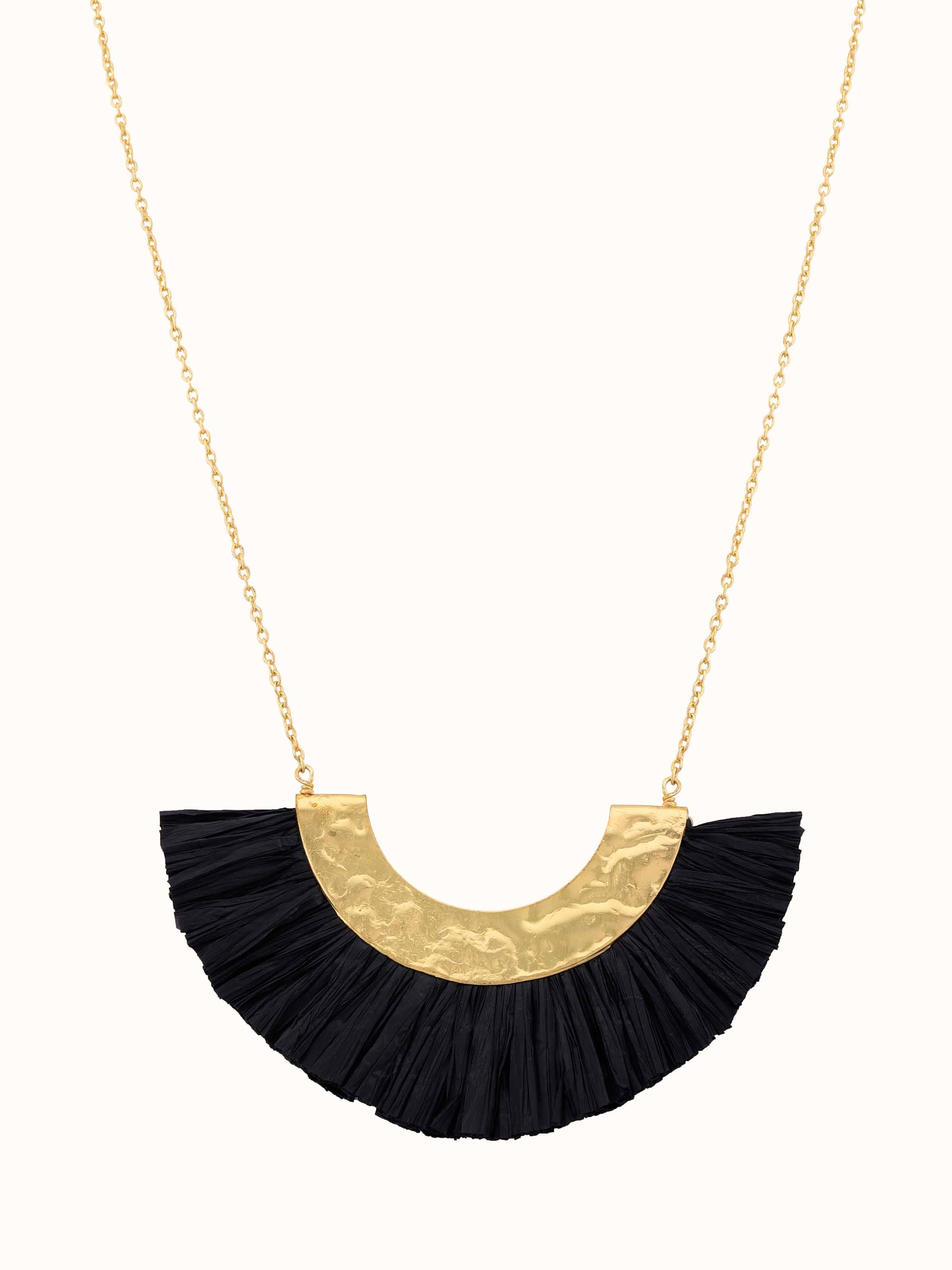 Front view of Raffia Fibre Long Necklace showcasing unique raffia fiber design and style.