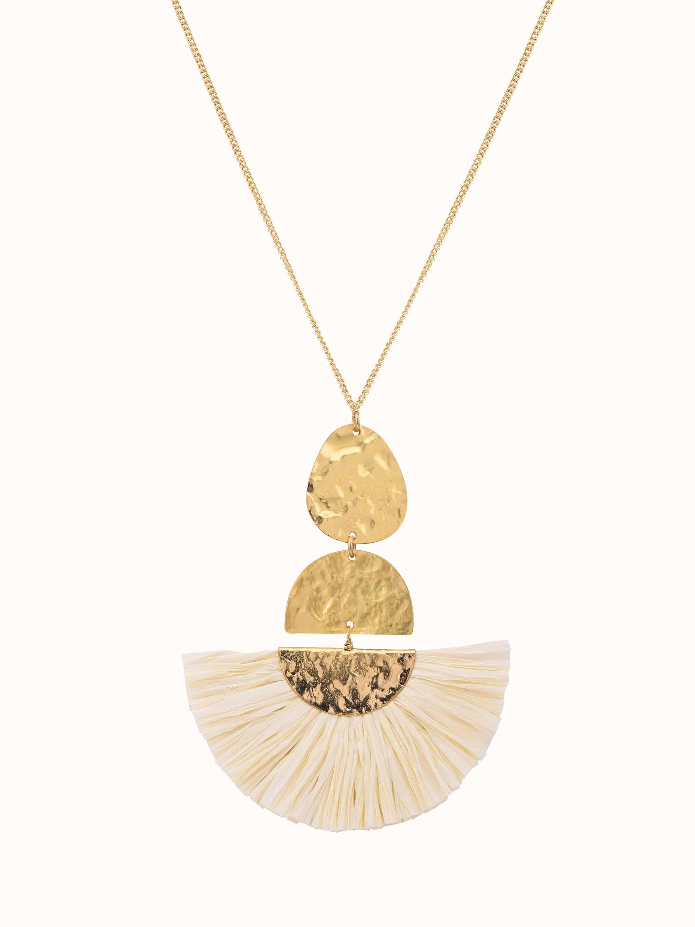 Front view of Raffia Fibre Long Necklace featuring a unique raffia texture and long, elegant design.