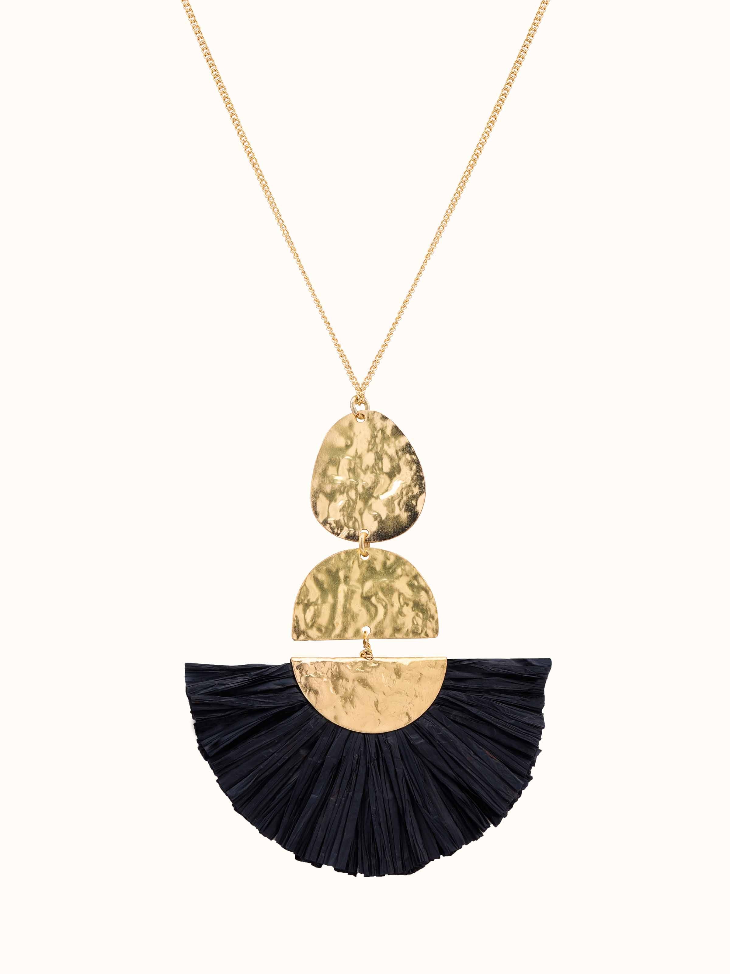 Front view of Raffia fibre long necklace showcasing natural texture and design