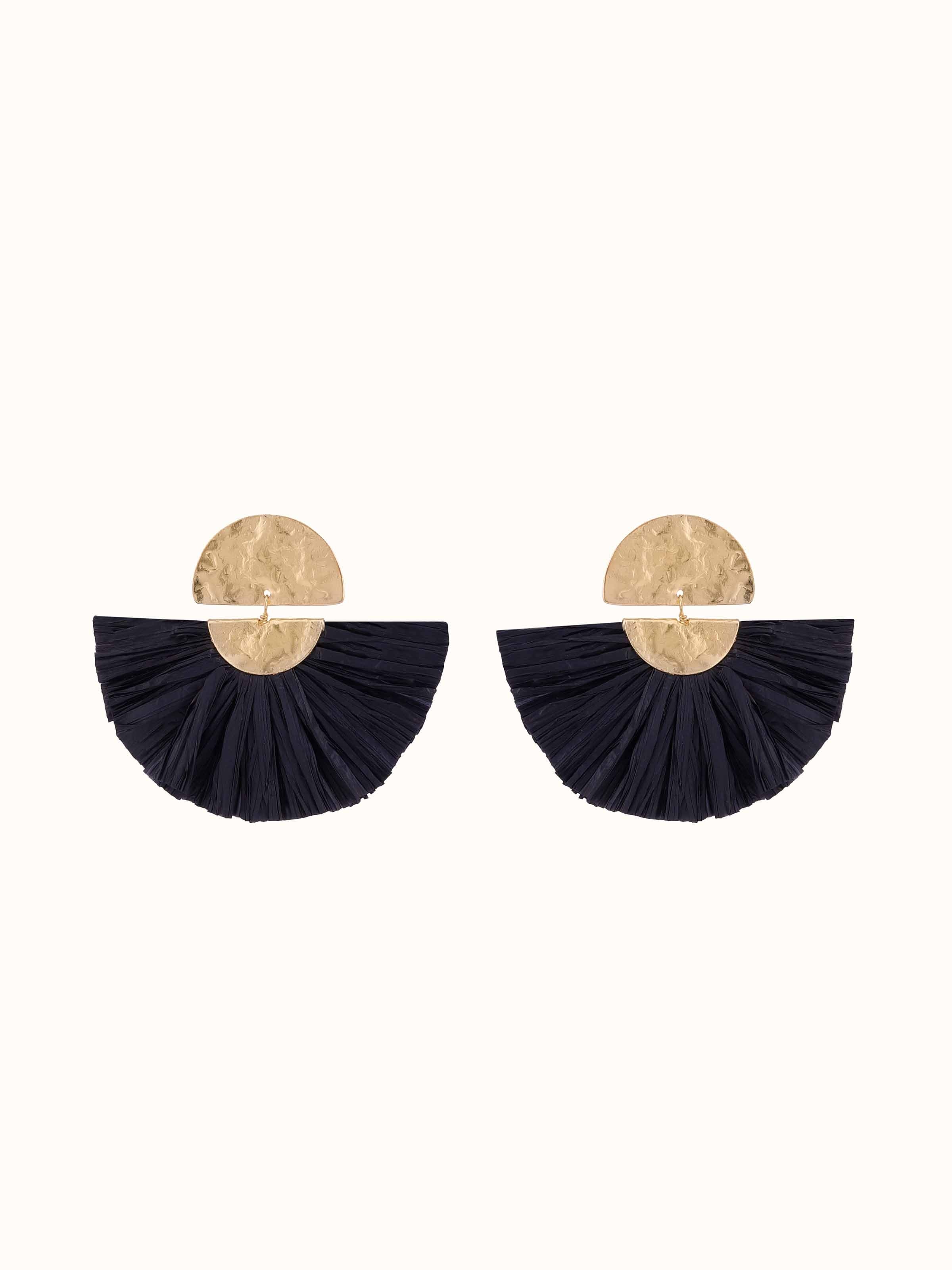 Front view of Raffia Fibre Drop Earrings showcasing a natural, textured design with a boho-chic appeal.