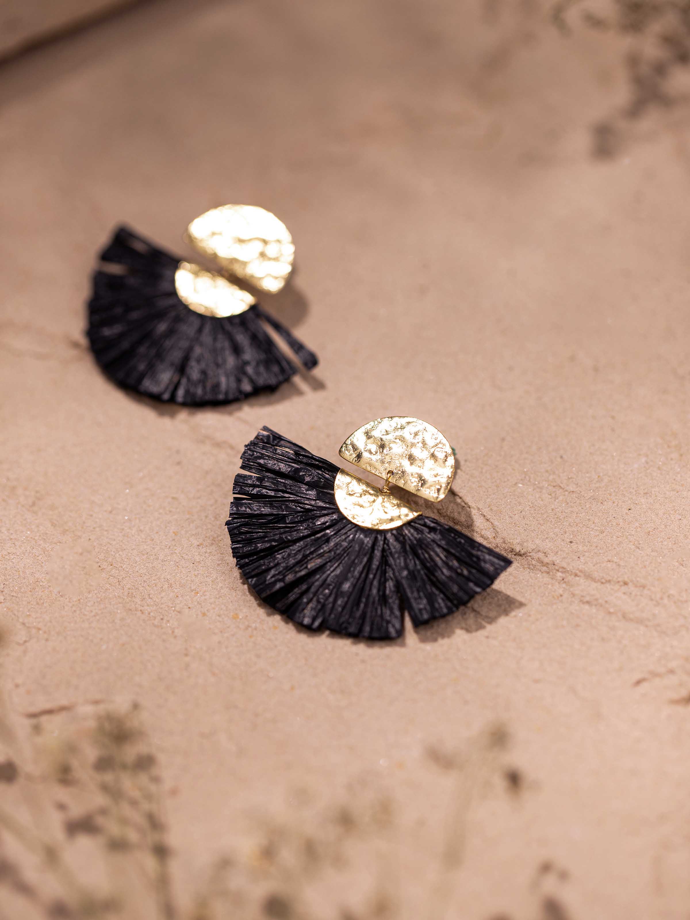 Detailed image of Raffia Fibre Drop Earrings emphasizing the unique texture and artisanal craftsmanship.