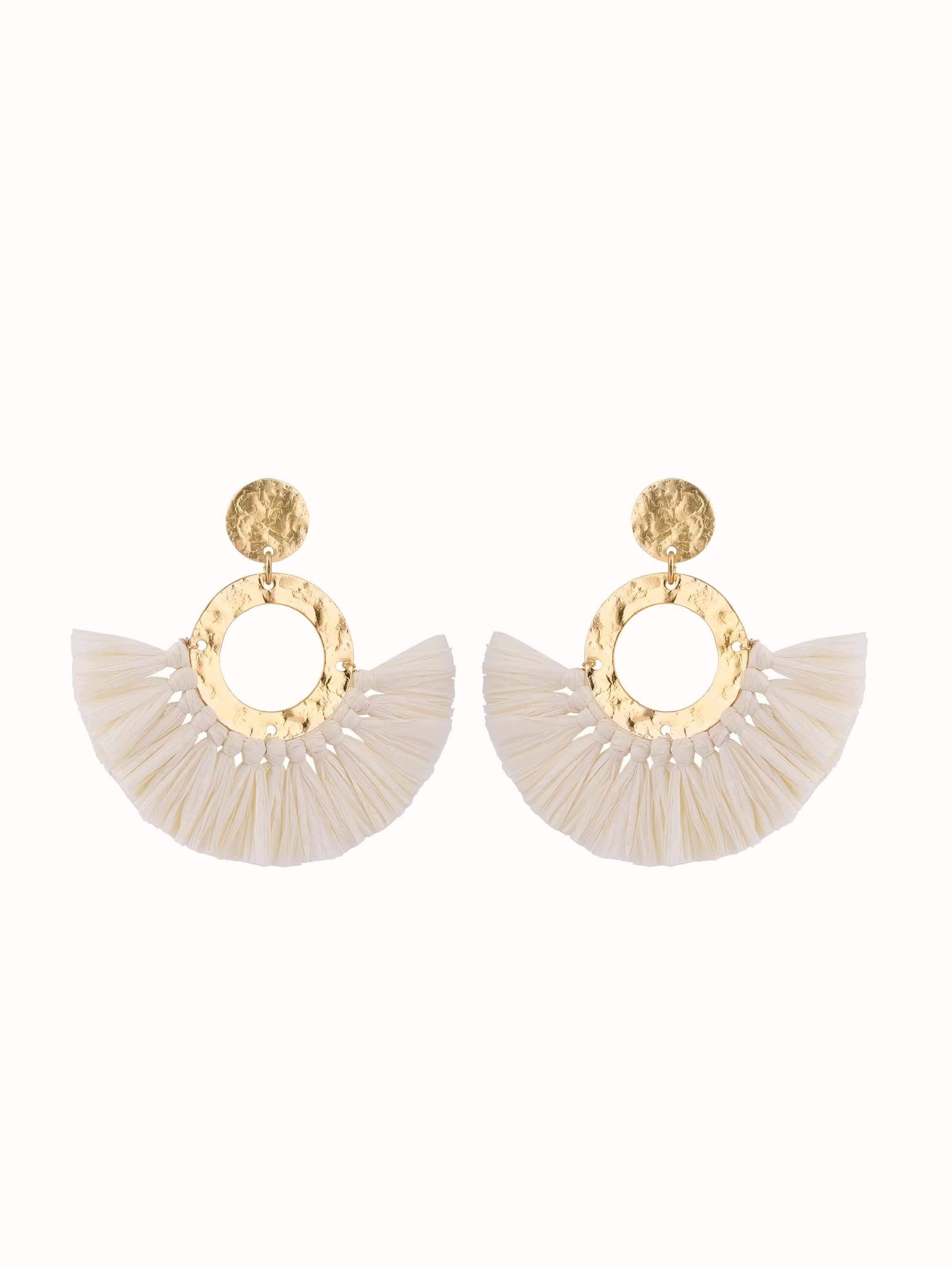 Front view of Raffia Fibre Drop Earrings featuring natural raffia fibre design.