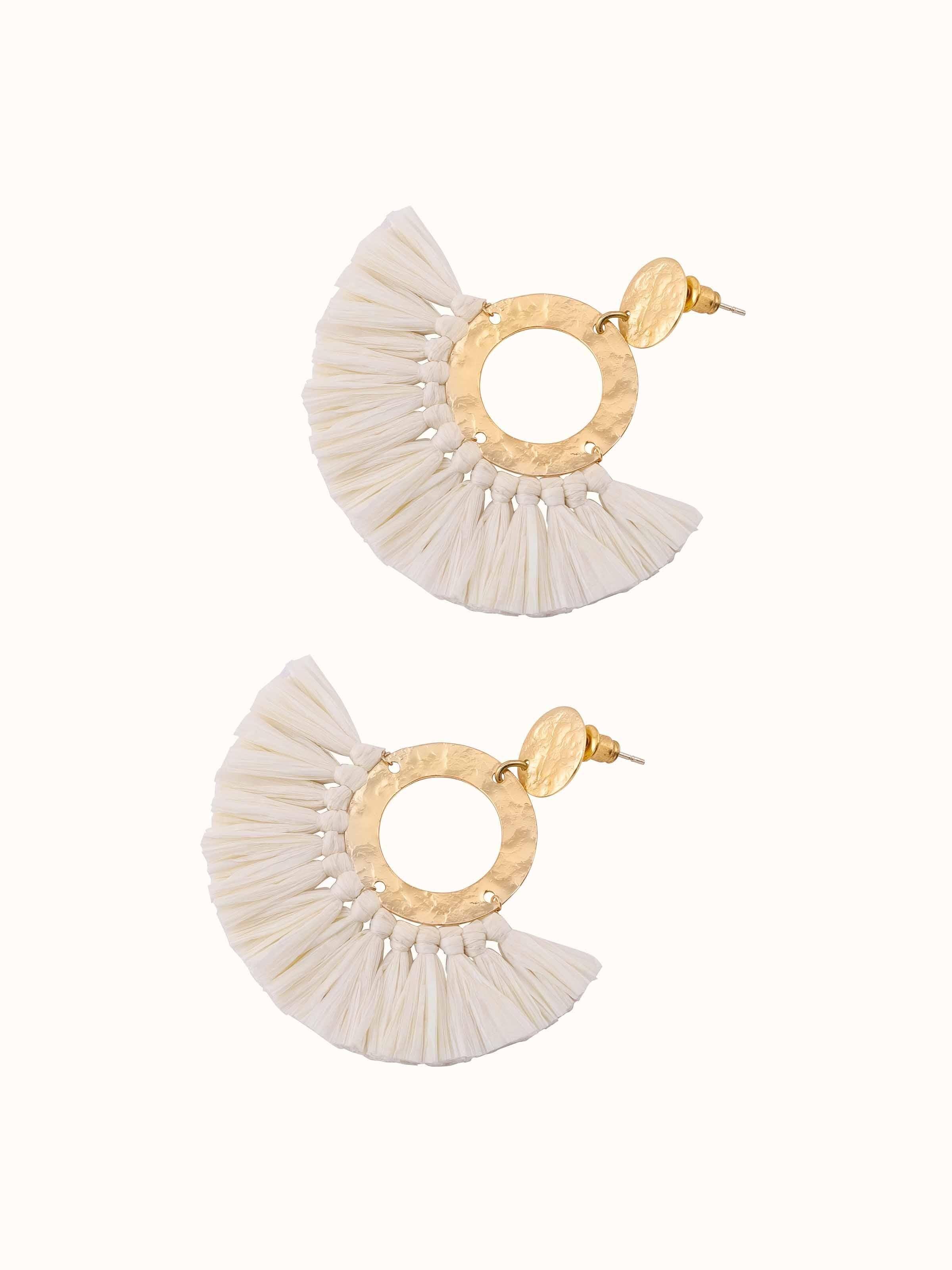 Angled view of Raffia Fibre Drop Earrings highlighting their stylish and unique appearance.