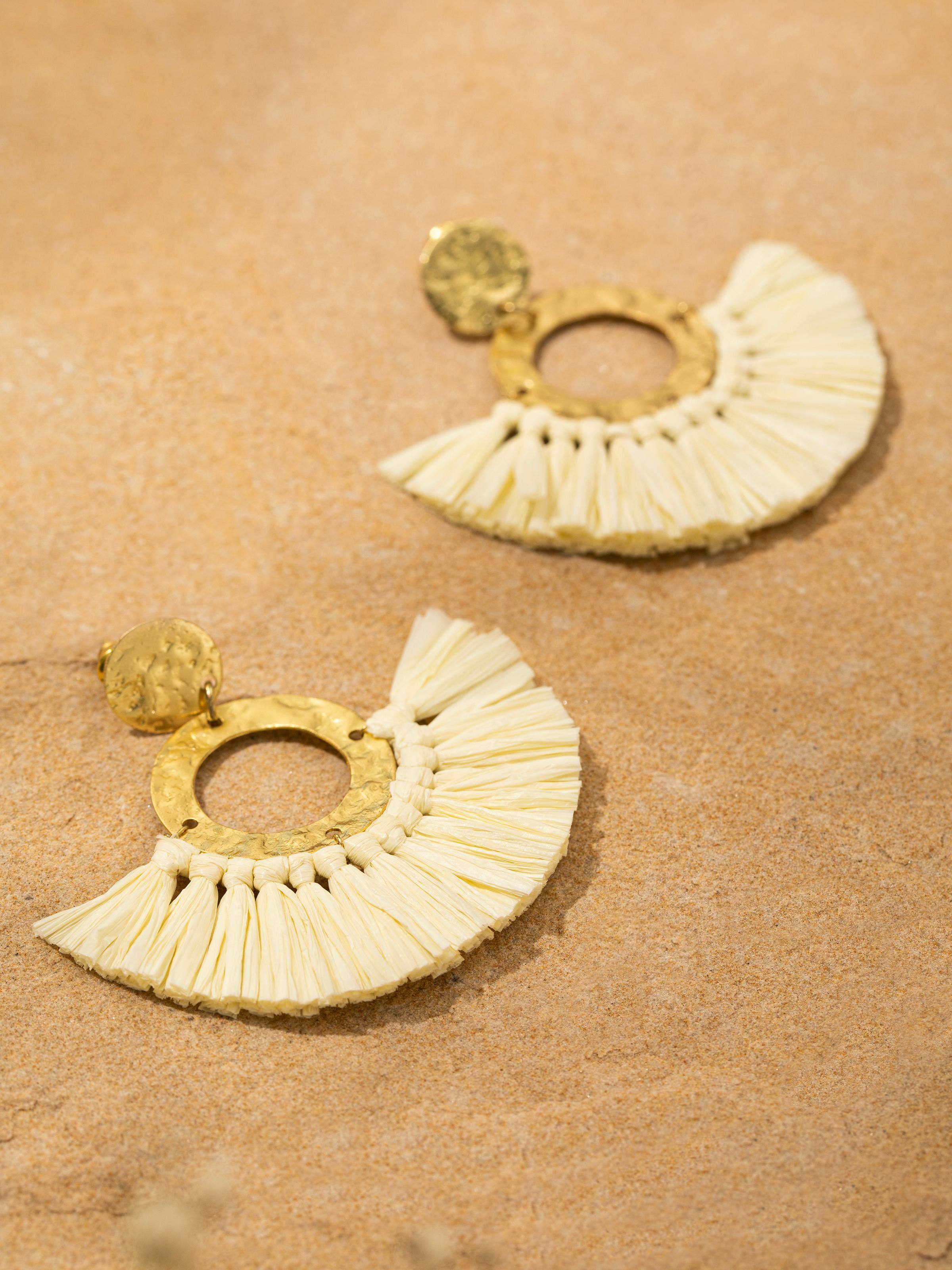 Detailed view of Raffia Fibre Drop Earrings from a distance showcasing their full design.