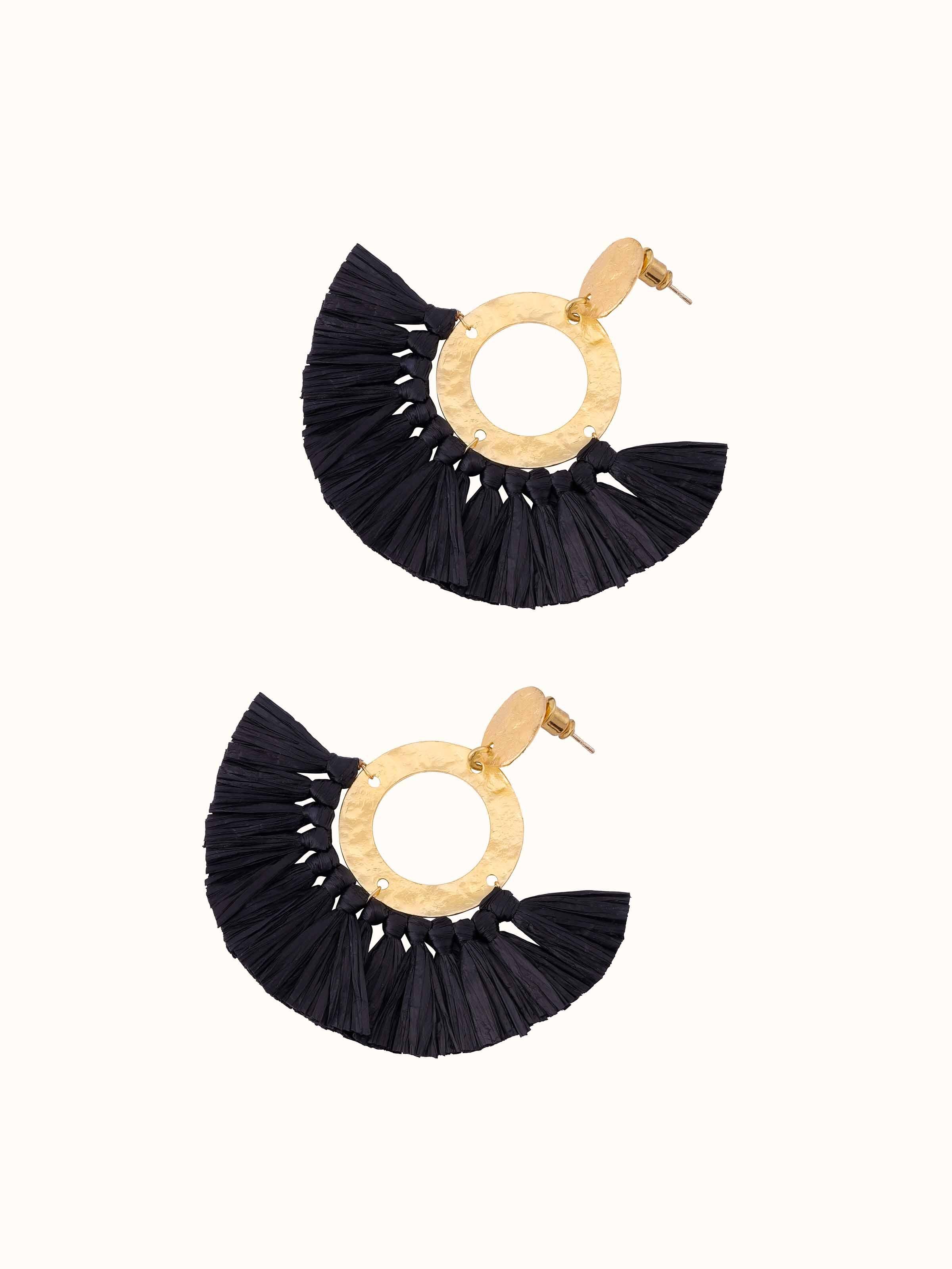 Back view of Raffia Fibre Drop Earrings highlighting the secure clasp and detailed raffia design.