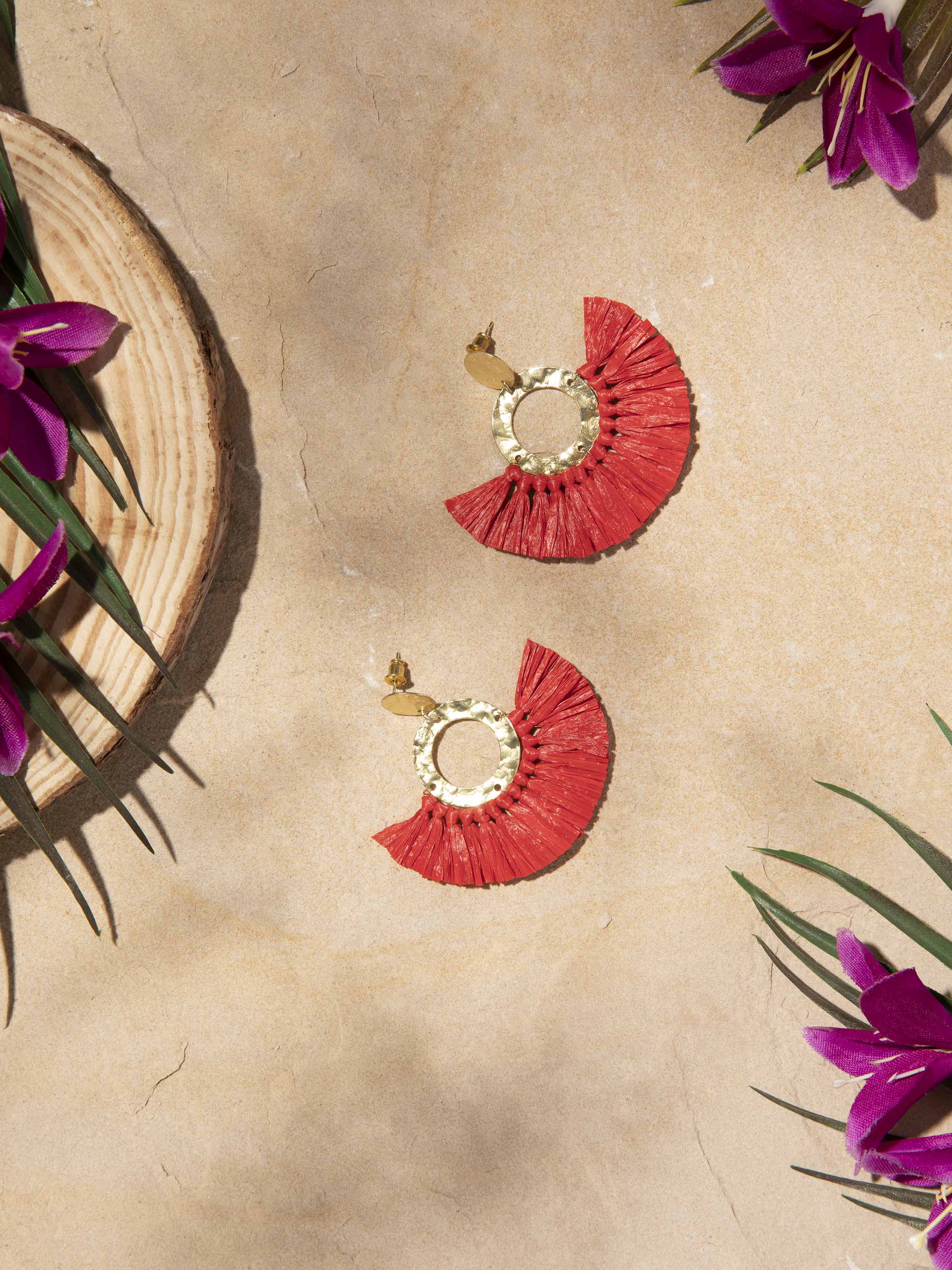 Close-up of Raffia Fibre Drop Earrings, emphasizing intricate work