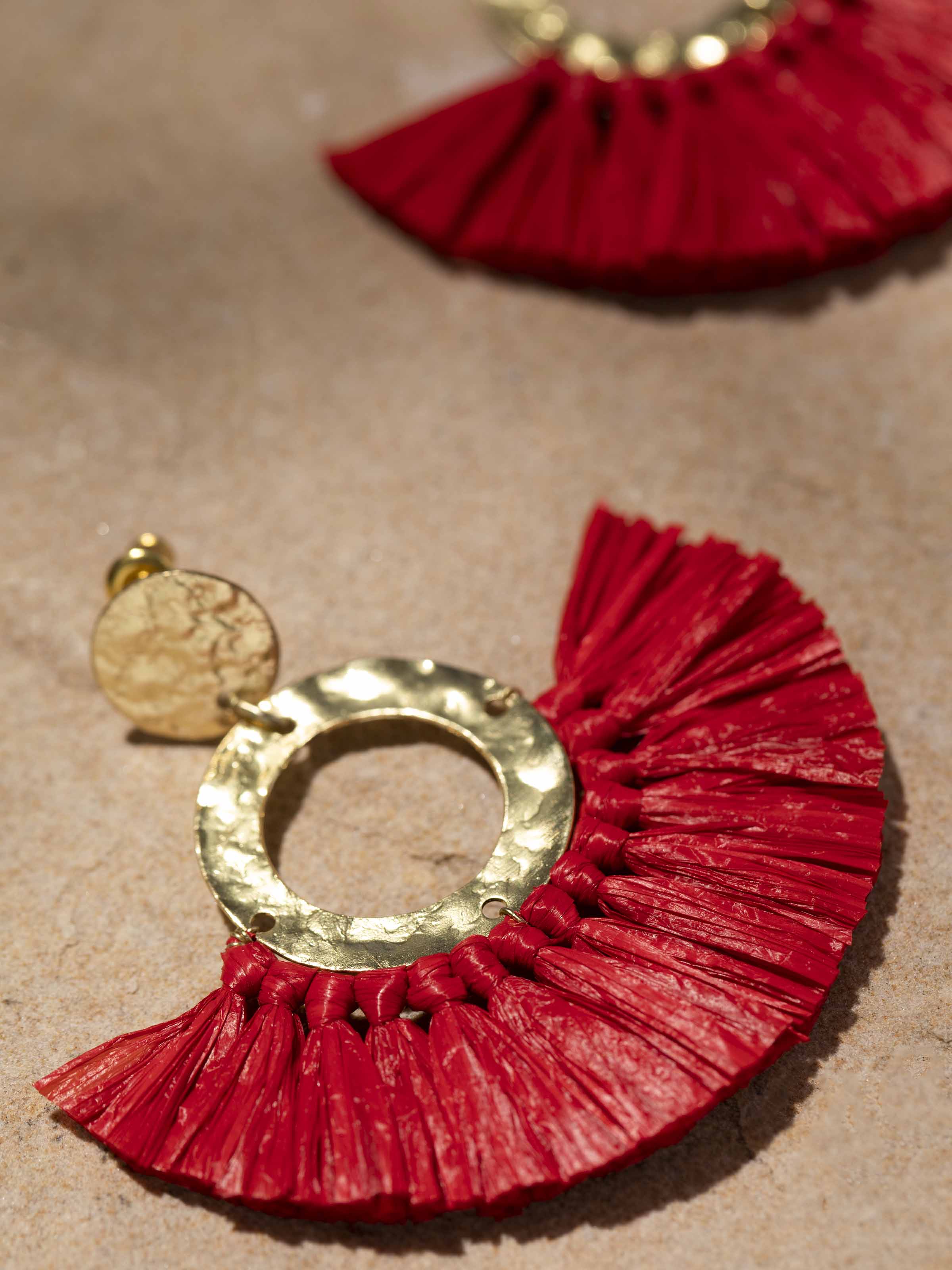Detailed view of Raffia Fibre Drop Earrings, highlighting craftsmanship