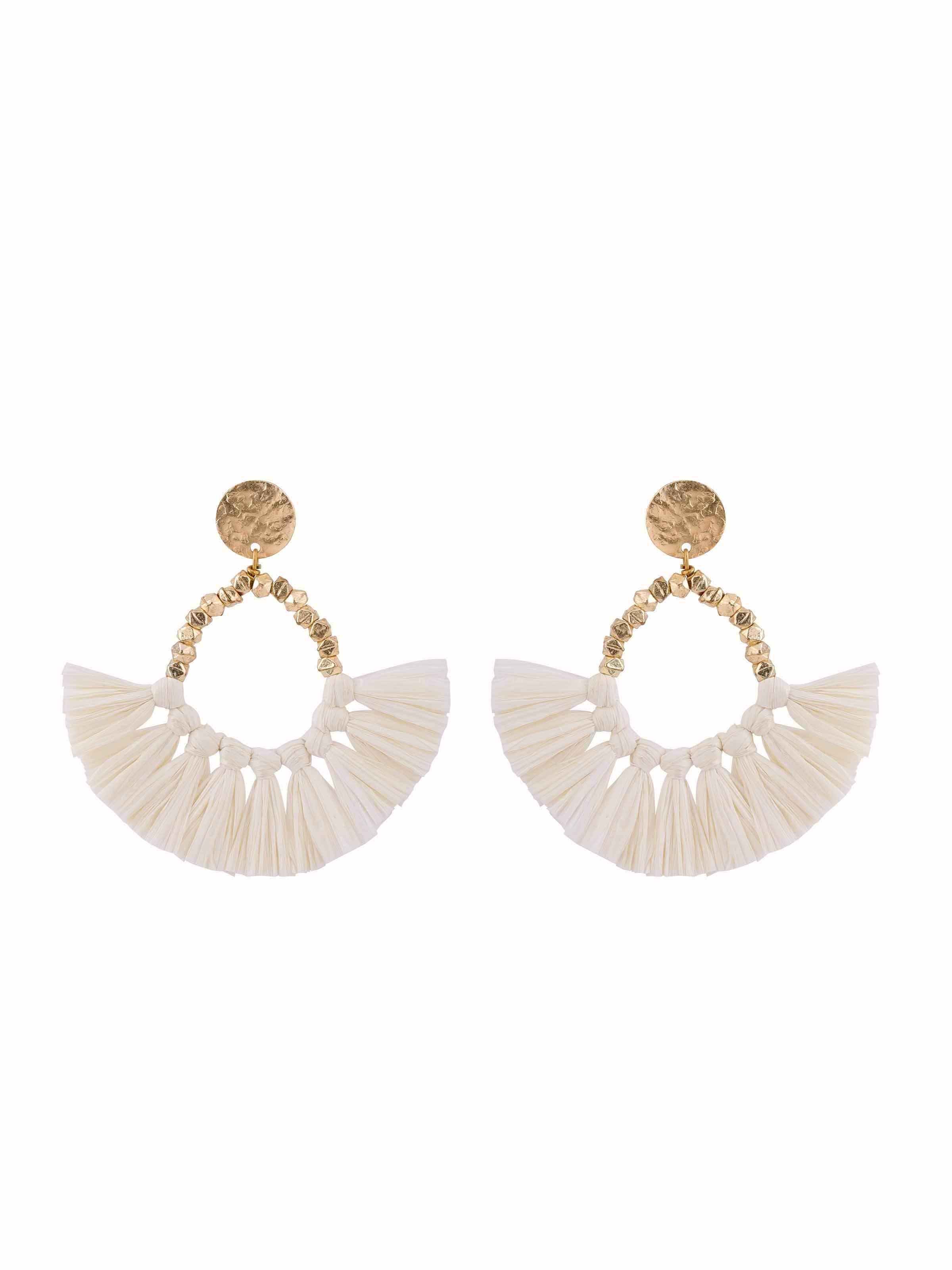 Front view of Raffia Fibre Drop Earrings featuring natural fiber texture