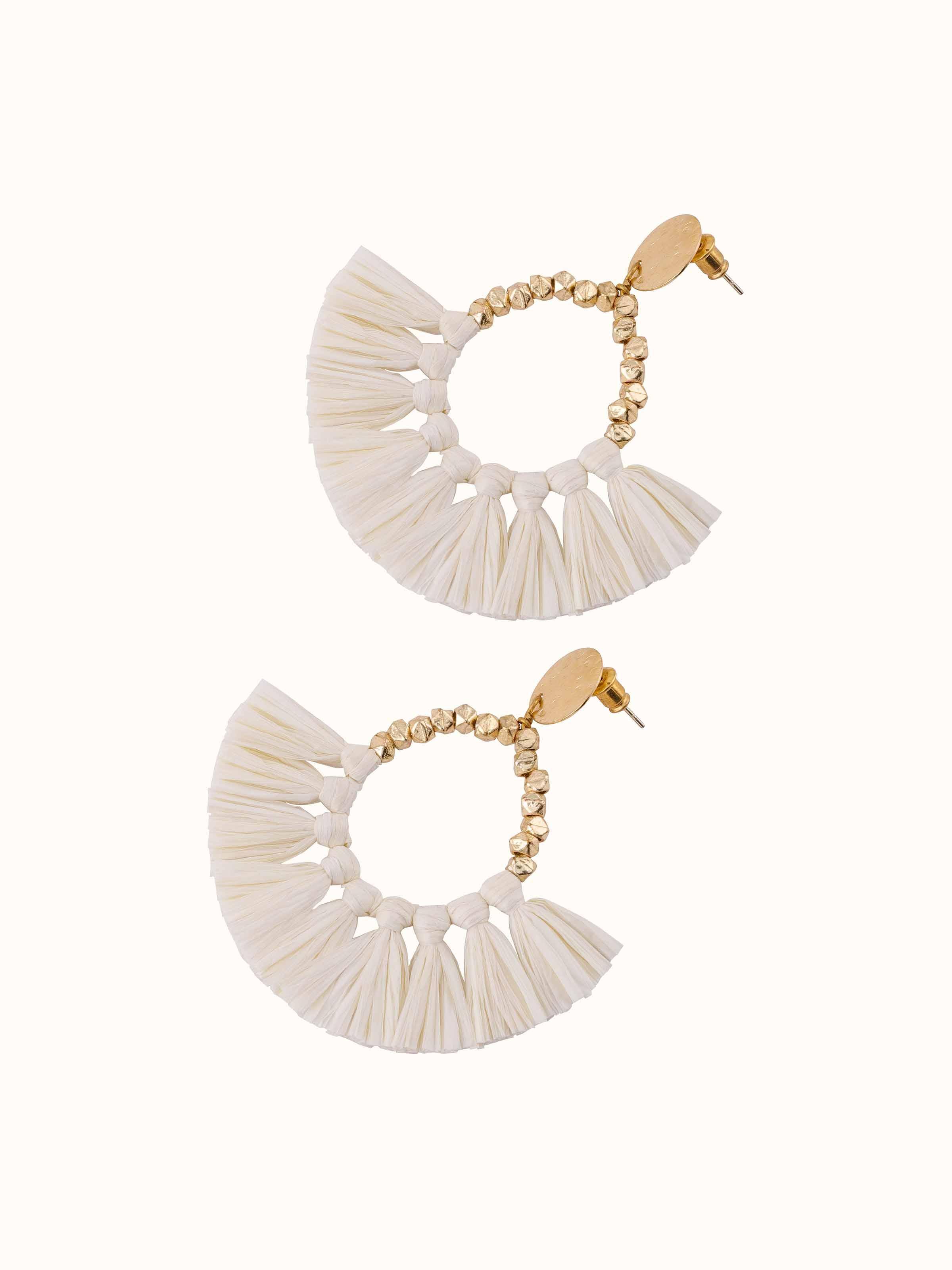 Artistic angle displaying overall design and texture of Raffia Fibre Drop Earrings