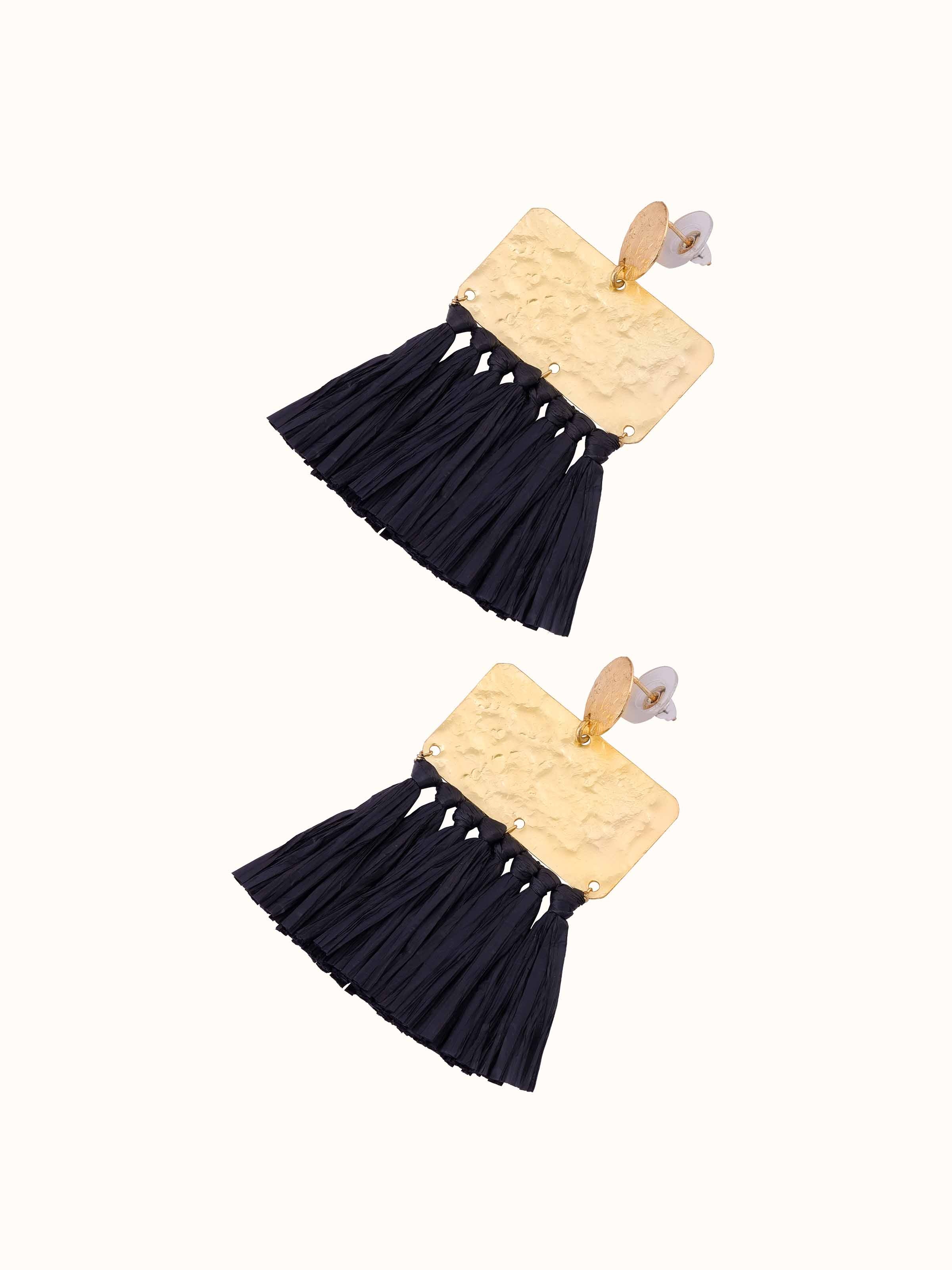 Back view of Raffia Fibre Drop Earrings featuring the clasp and overall raffia design.